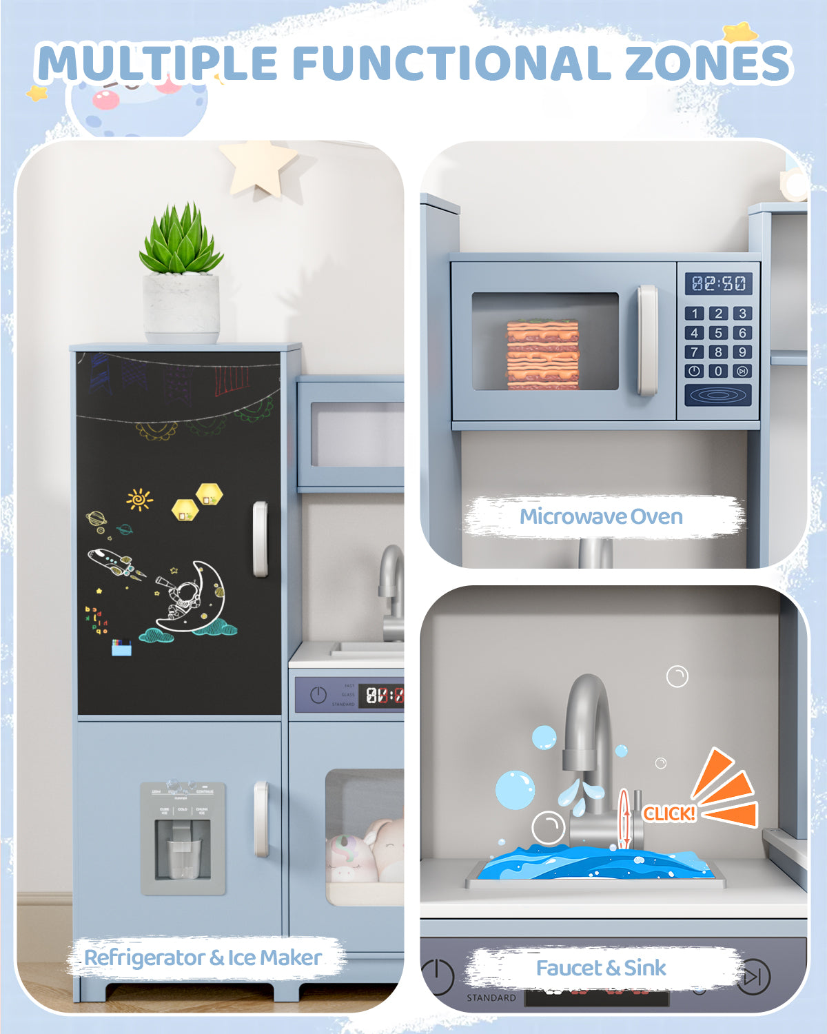 Pirecart Wooden Corner Play Kitchen, Kids Play Kitchen with Blackboard and 6Pcs Cooking Accessories, Toddler Play Kitchen Set with Realistic Sound & Light