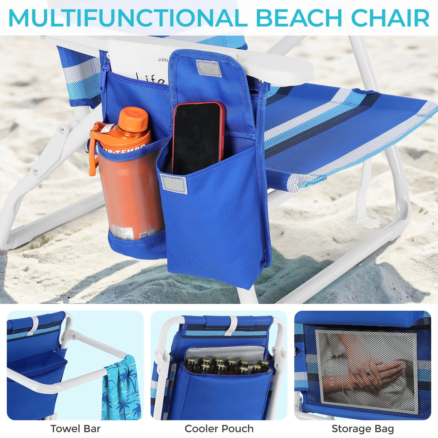 Foldable Beach Chair, 5-Position Lay Flat Reclining Beach Chair W/ Headrest, Storage Bag, Cooler Pouch,Towel Bar, Foot Mat