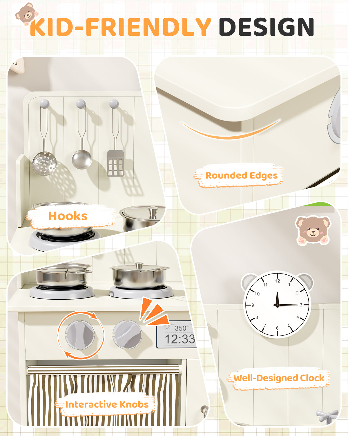 Pirecart Kids Play Kitchen with Ample Storage and Cooking Accessories, Toddler Kitchen Playset with Simulated Gas Tray, Clicking Knobs, Sink, Faucet