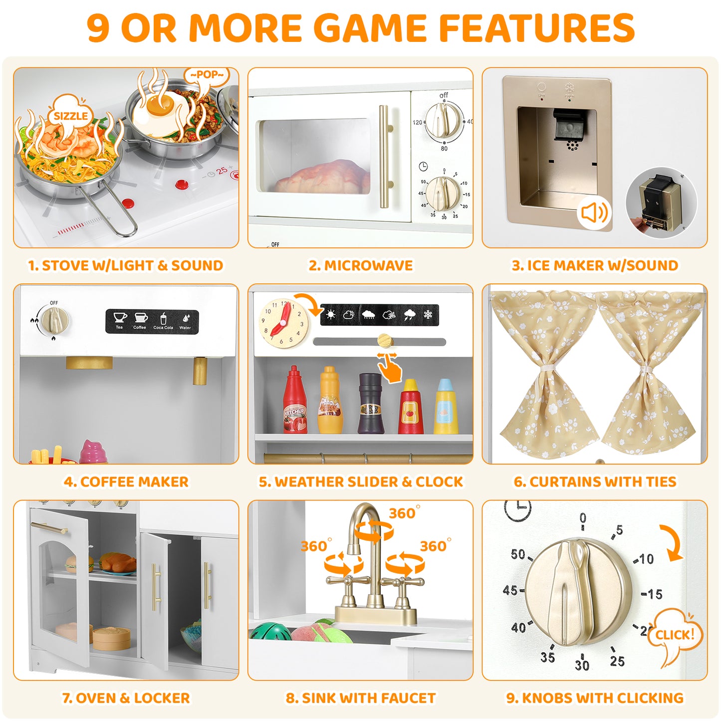 pirecart Kids Play Kitchen, Wooden Pretend Toy Kitchen, Toodler Cooking Playset w/Stove, Sink, Microwave, Water Dispenser, Curtain