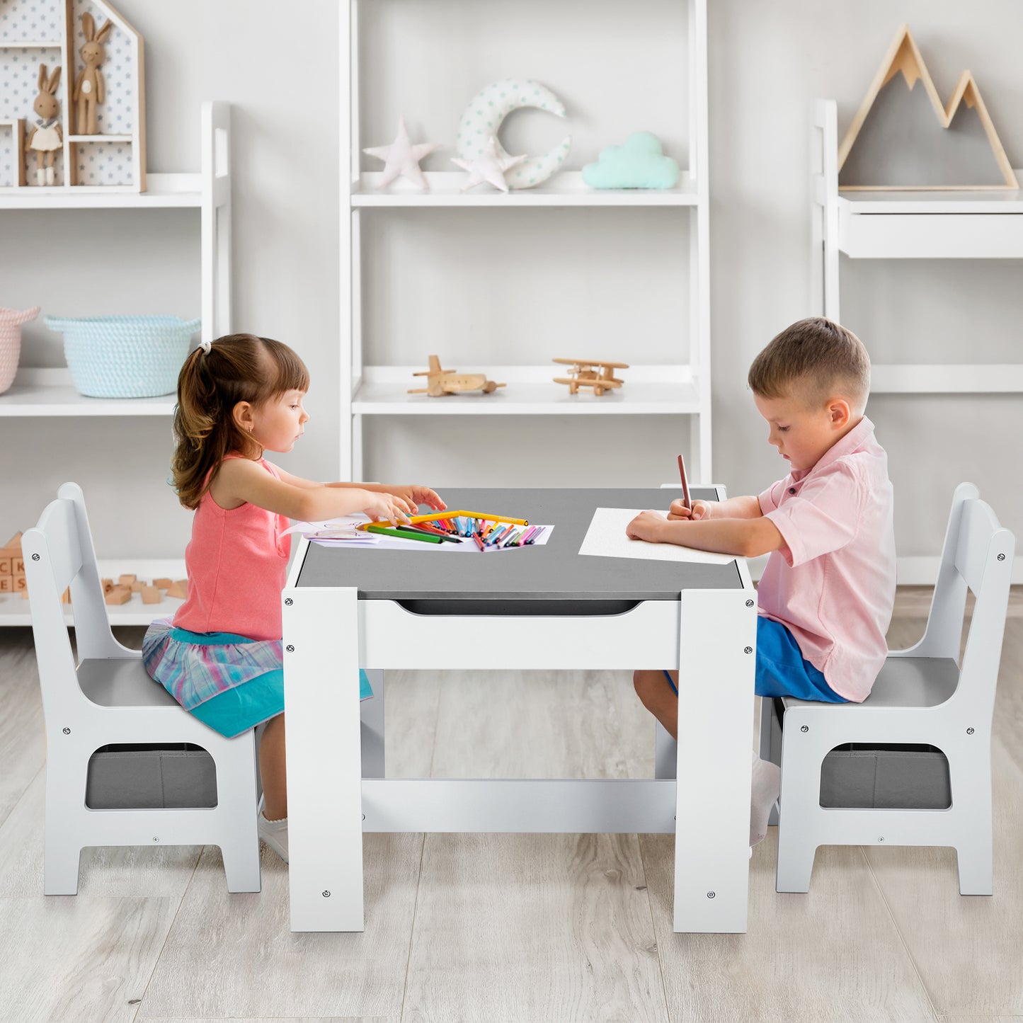 pirecart 3pcs Kids Table Chairs Set With Storage Boxes and Blackboard