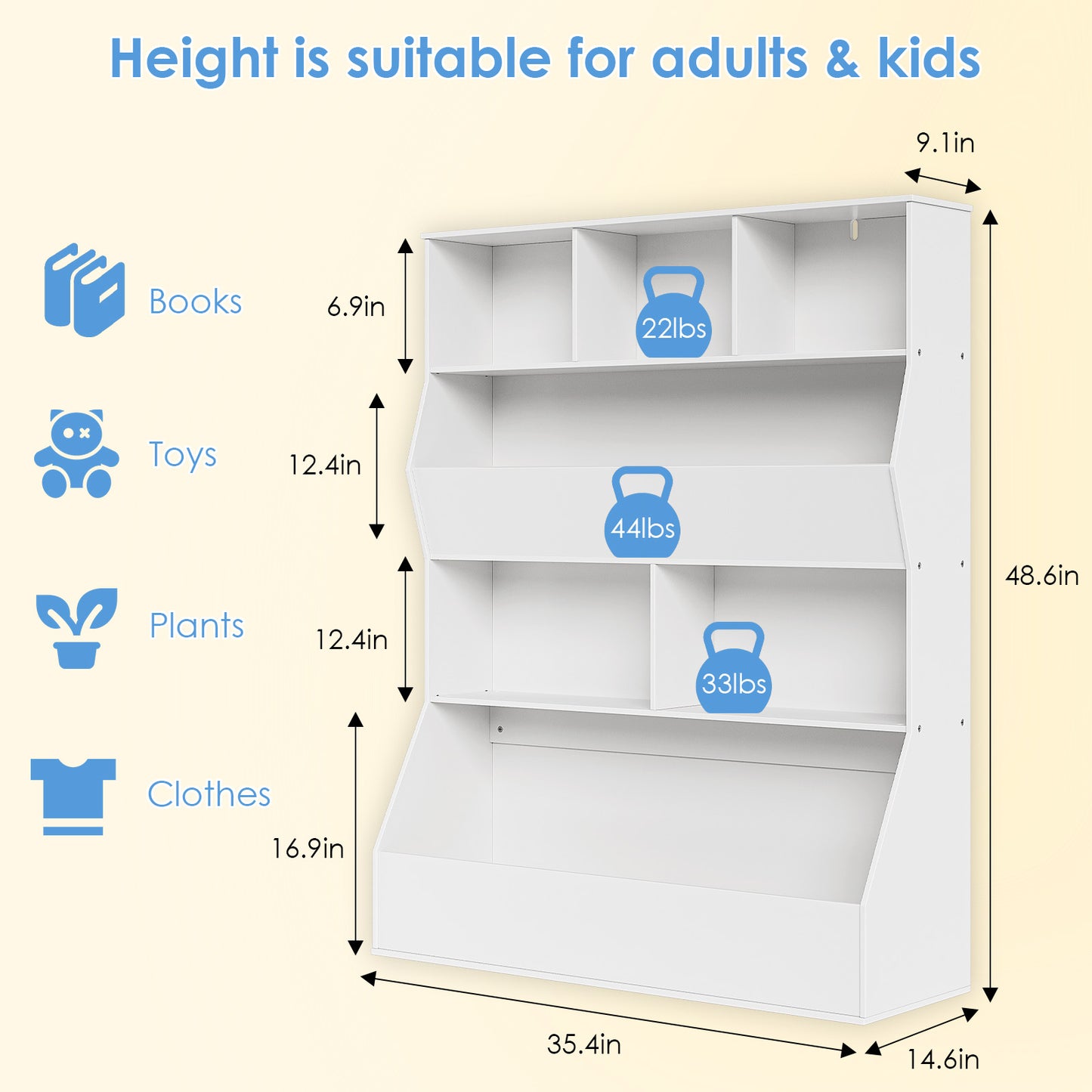 Pirecart Kids Bookshelf and Bookcase, Toy Storage Organizer, Toddler 4 Tier Wooden Toy Storage Cabinet w/ 7 Cubicles for Playroom, Bedroom, Living Room, Nursery, School