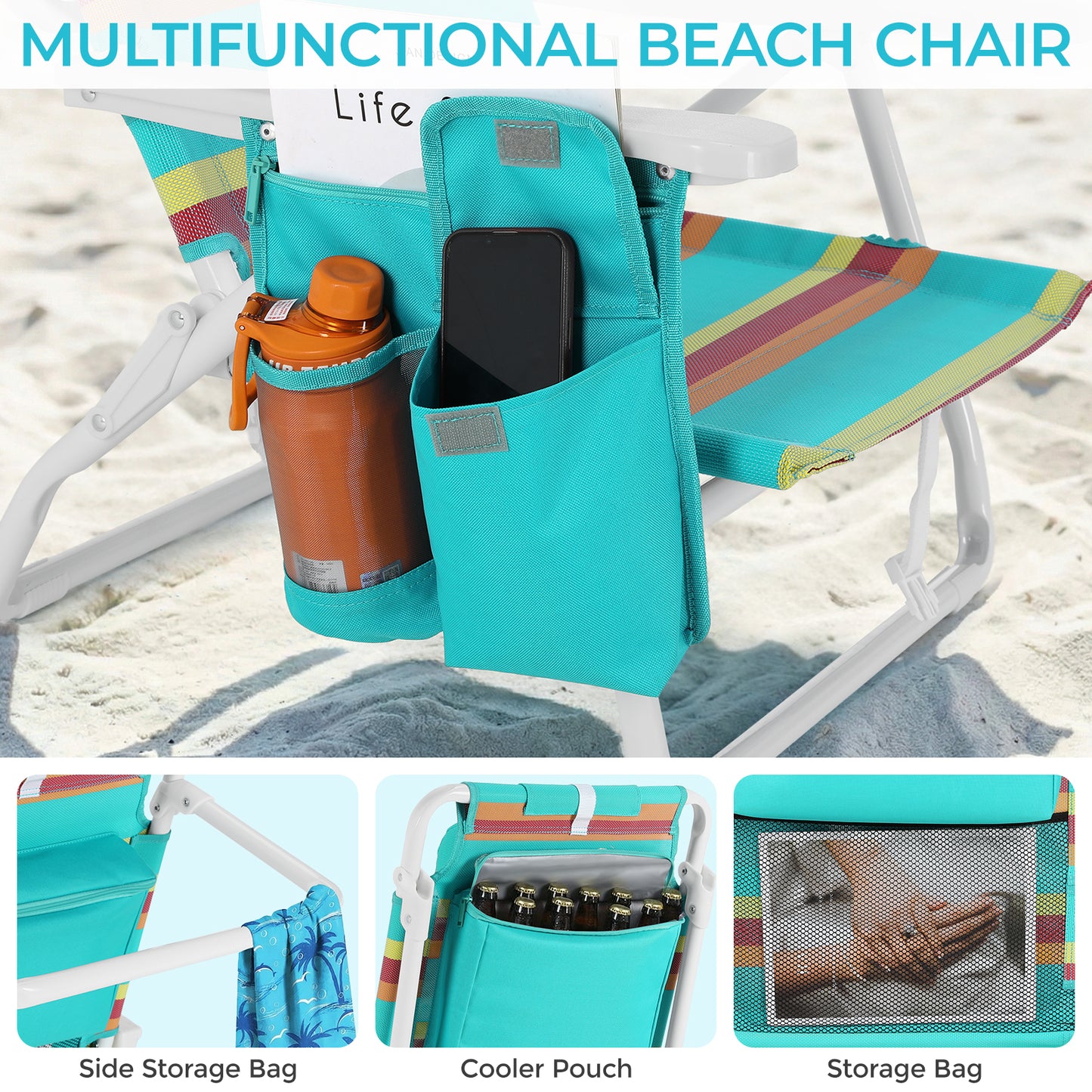 Foldable Beach Chair, 5-Position Lay Flat Reclining Beach Chair W/ Headrest, Storage Bag, Cooler Pouch,Towel Bar, Foot Mat