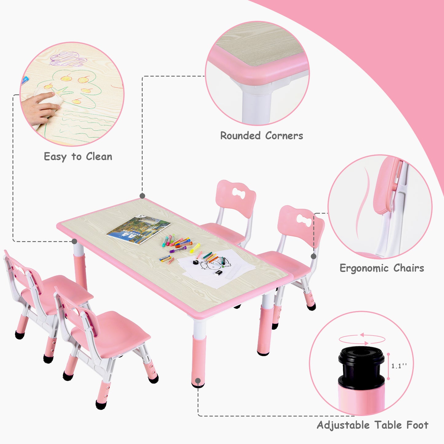 pirecart Height Adjustable Toddler Table and Chair Set for Reading, Drawing, Eating