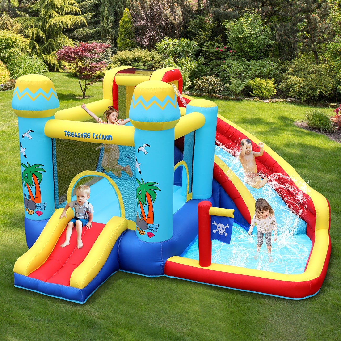 pirecart Inflatable Bounce House Kid Water Splash Pool Slide Jumping Castle with Blower