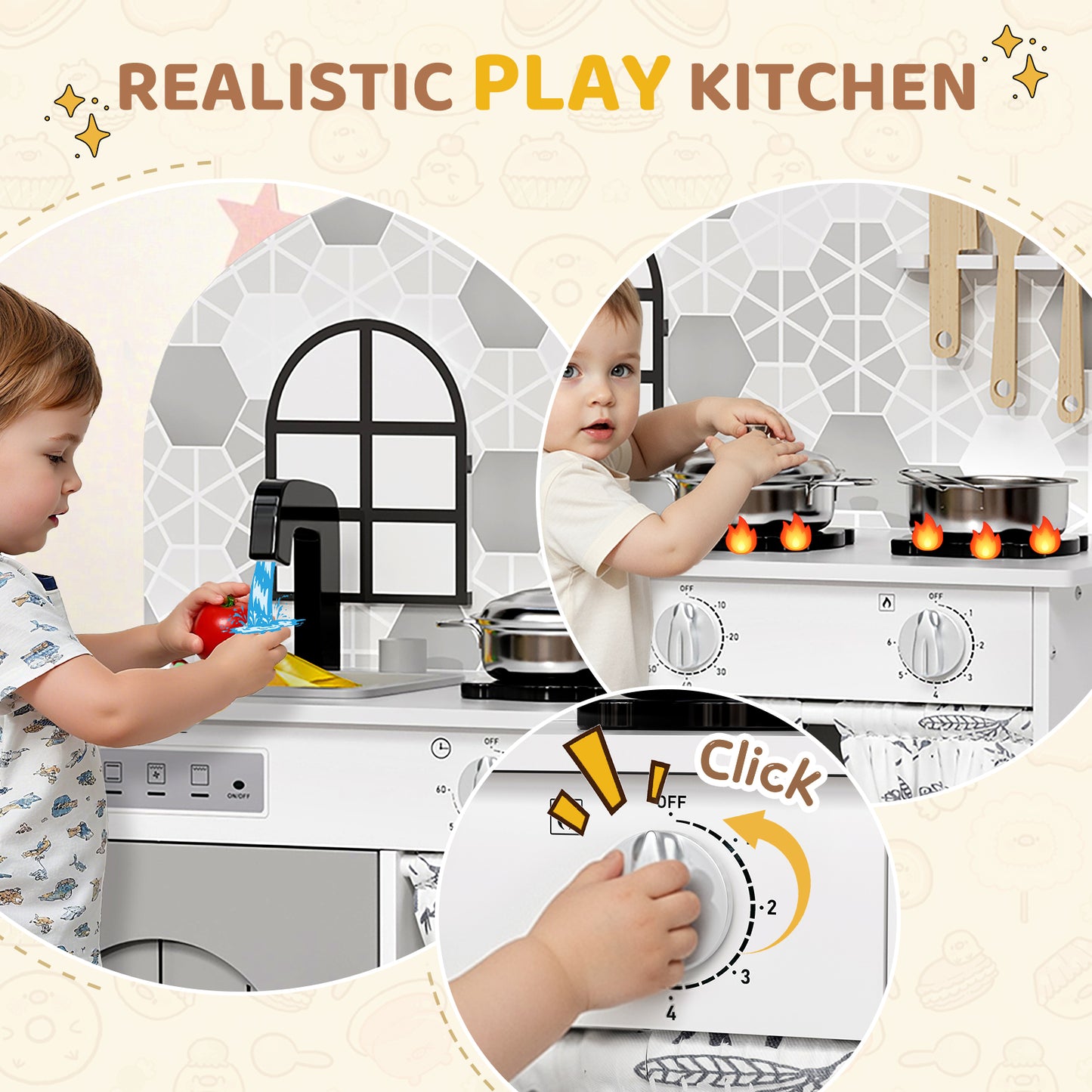 Pirecart Kids Play Kitchen, Toddler Wooden Kitchen Playset with Cooking Accessories and Clicking Knobs, Educational Chef Pretend Play Set for Ages 3+