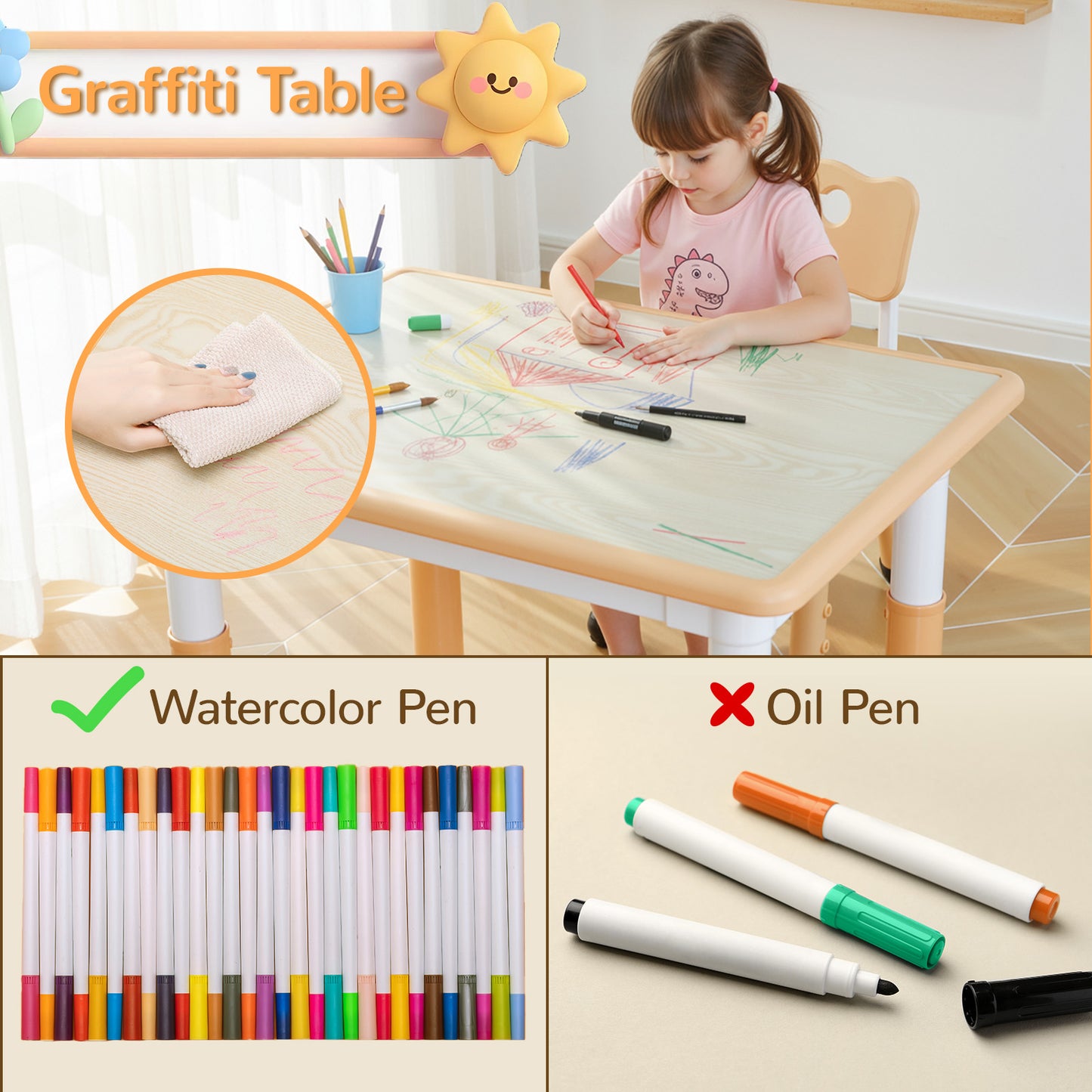 Pirecart Kids Table and 2 Chairs Set, Height Adjustable Children Multi Activity Table and Chair Set, Non-Slip Legs & Graffiti Desktop, for Drawing, Reading, Studying