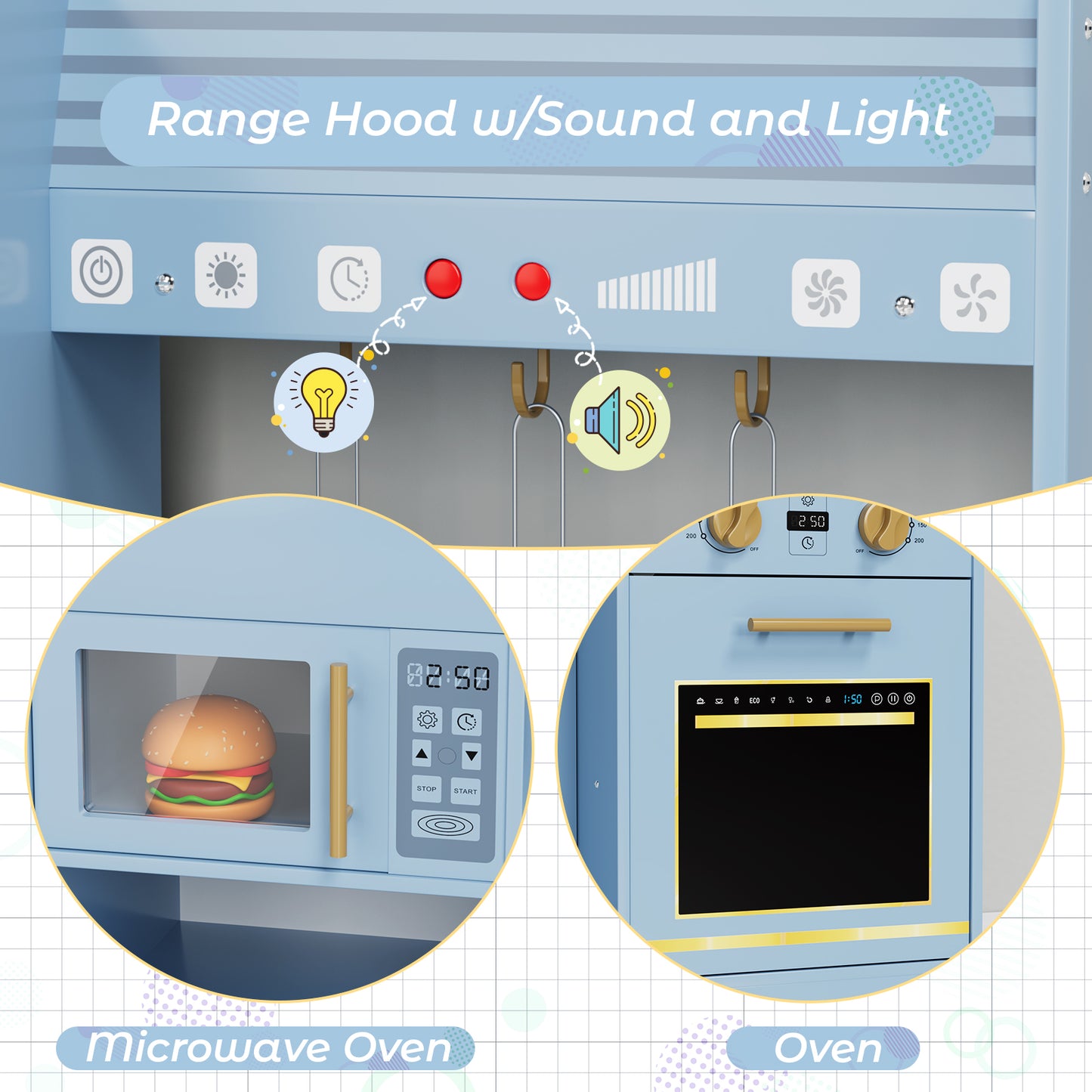 Pirecart Toddler Pretend Paly Kitchen, Wooden Kitchen Play Set with Real Sound and Light, 6-Piece Kitchenware, Sink & Stove, Water Dispenser & Hood, Kids Play Kitchen for Age 3+