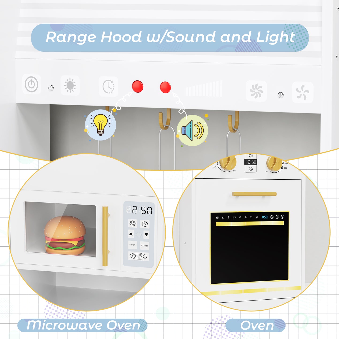 Pirecart Toddler Pretend Paly Kitchen, Wooden Kitchen Play Set with Real Sound and Light, 6-Piece Kitchenware, Sink & Stove, Water Dispenser & Hood, Kids Play Kitchen for Age 3+