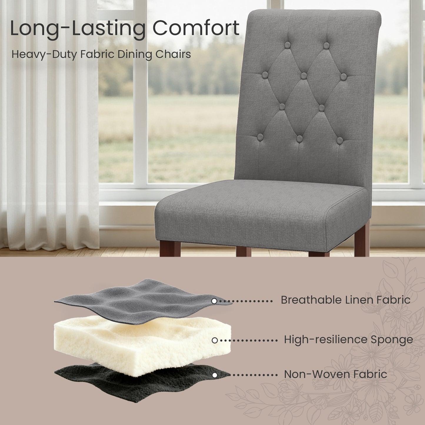 Pirecart 2 PCS Dining Chairs, Kitchen Chairs with Solid Wood Legs, Button-Tufted Parsons Design Upholstered Fabric Chairs