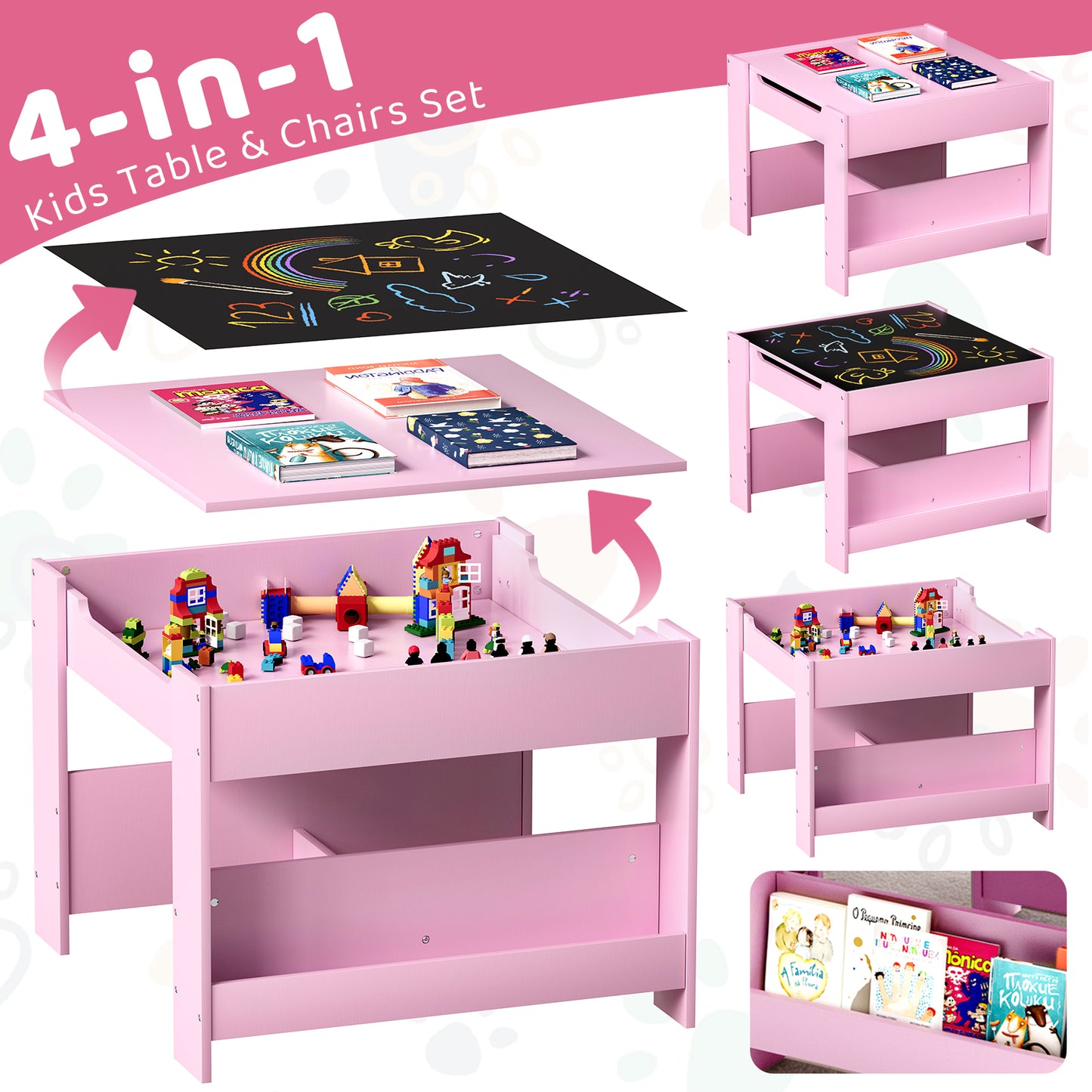Pirecart Kids Table and Chair Set, 4 in 1 Wooden Art Table with Reversible Tabletop, Blackboard, Storage Drawer, Kids Activity Table Set for Drawing, Playing, Learning