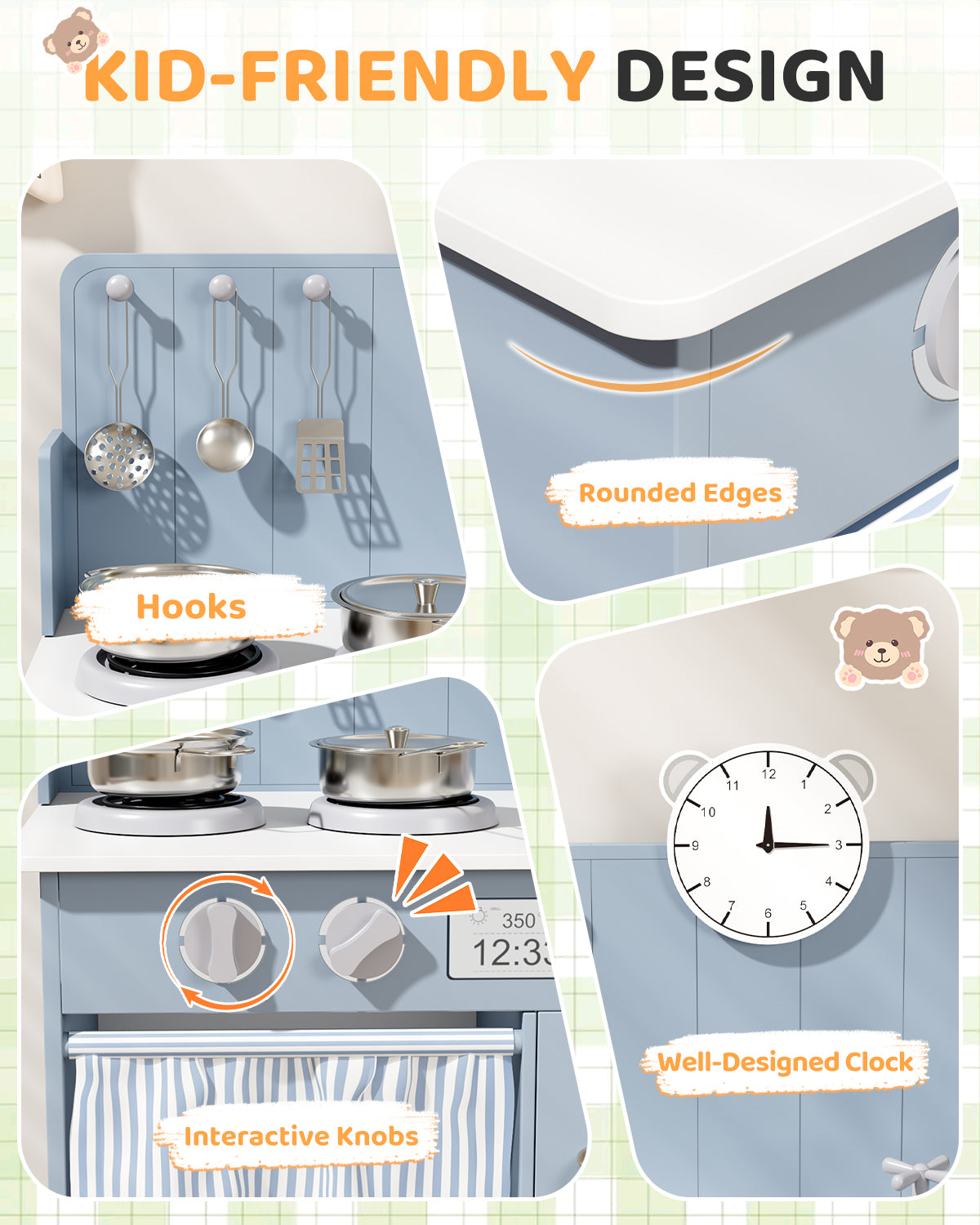 Pirecart Kids Play Kitchen with Ample Storage and Cooking Accessories, Toddler Kitchen Playset with Simulated Gas Tray, Clicking Knobs, Sink, Faucet