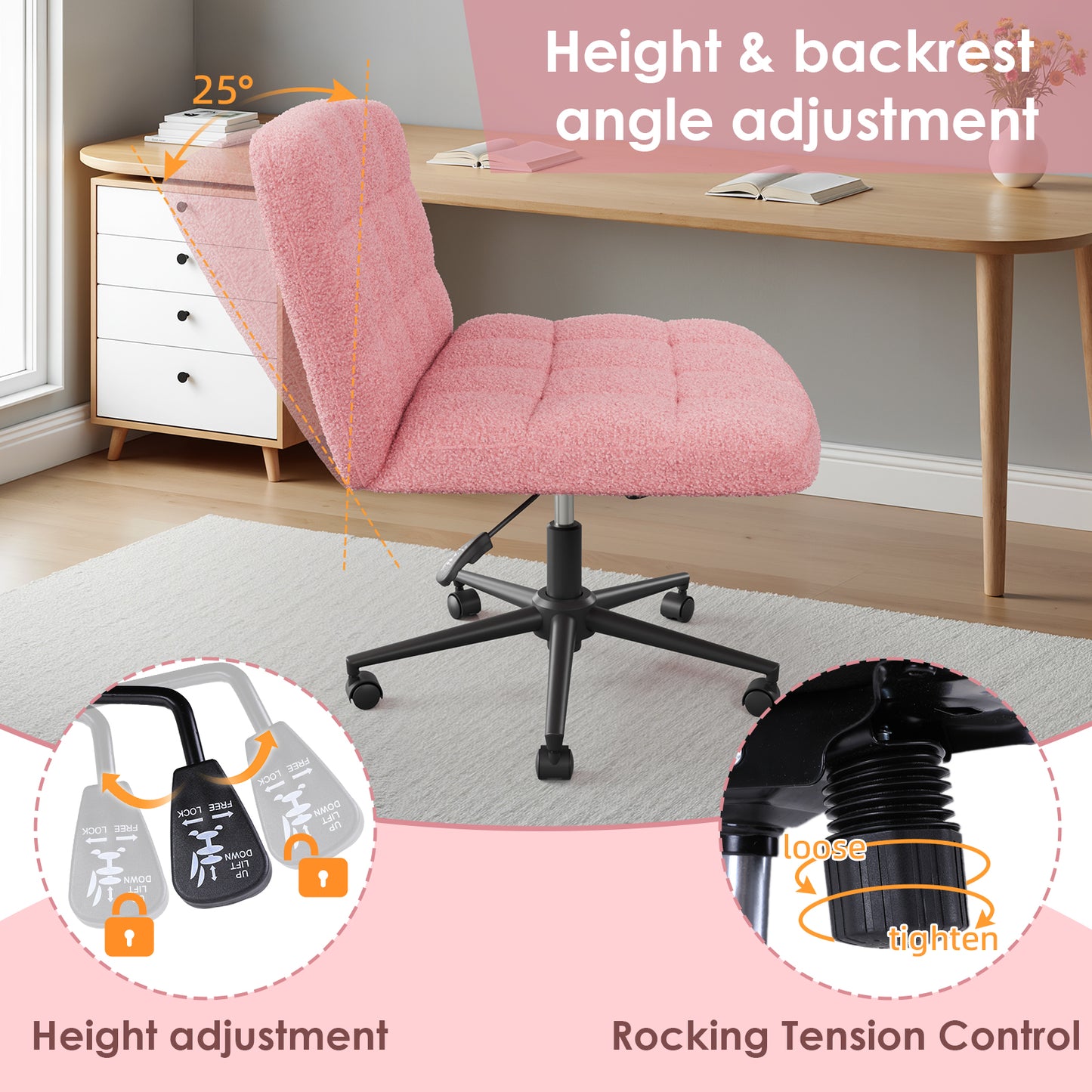 Pirecart Criss Cross Chair with Wheels, Armless Swivel Vanity Chair, Height Adjustable Cross Legged Office Chair with Comfy Wide Cushion for Desk, Vanity, Bedroom, Sherpa Fleece