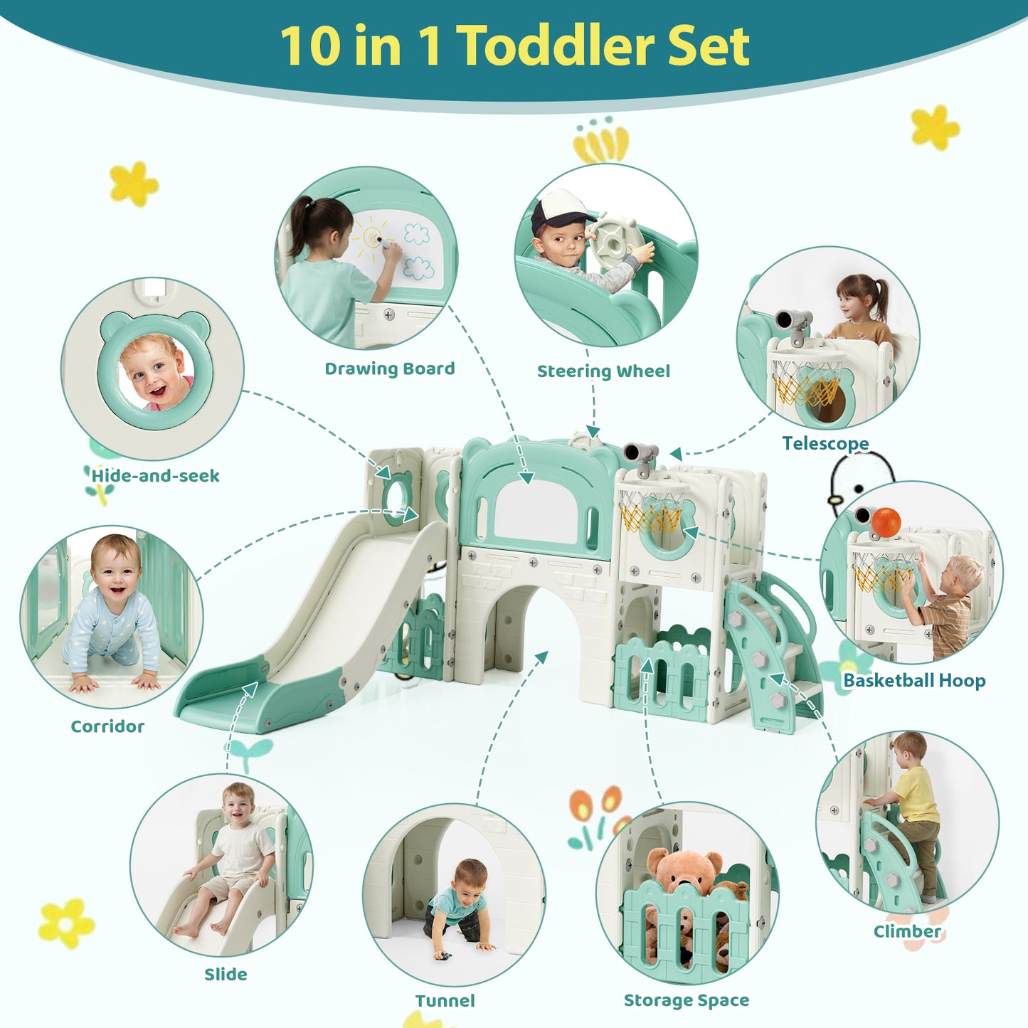 Pirecart 10-in-1 Kids Slide, Indoor Outdoor Toddler Slide Playground with Drawing Board, Basketball Hoop, Tunnel & Storage for Playroom, Kindergarten, Backyard, Gift for Children Age 3+