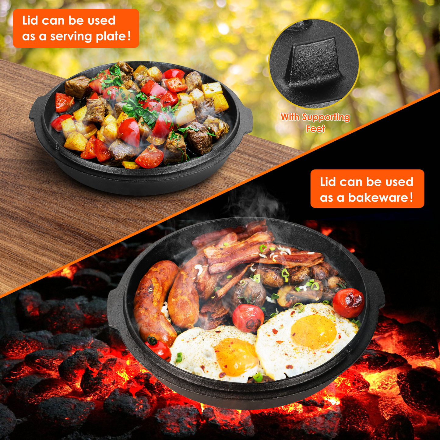 pirecart Dutch Oven Pot with Lid, 9.7 Quart Cast Iron Dutch oven, with Lid Lifter Handle & stand and Dual Function Lid Griddle for Home Cooking BBQ Baking