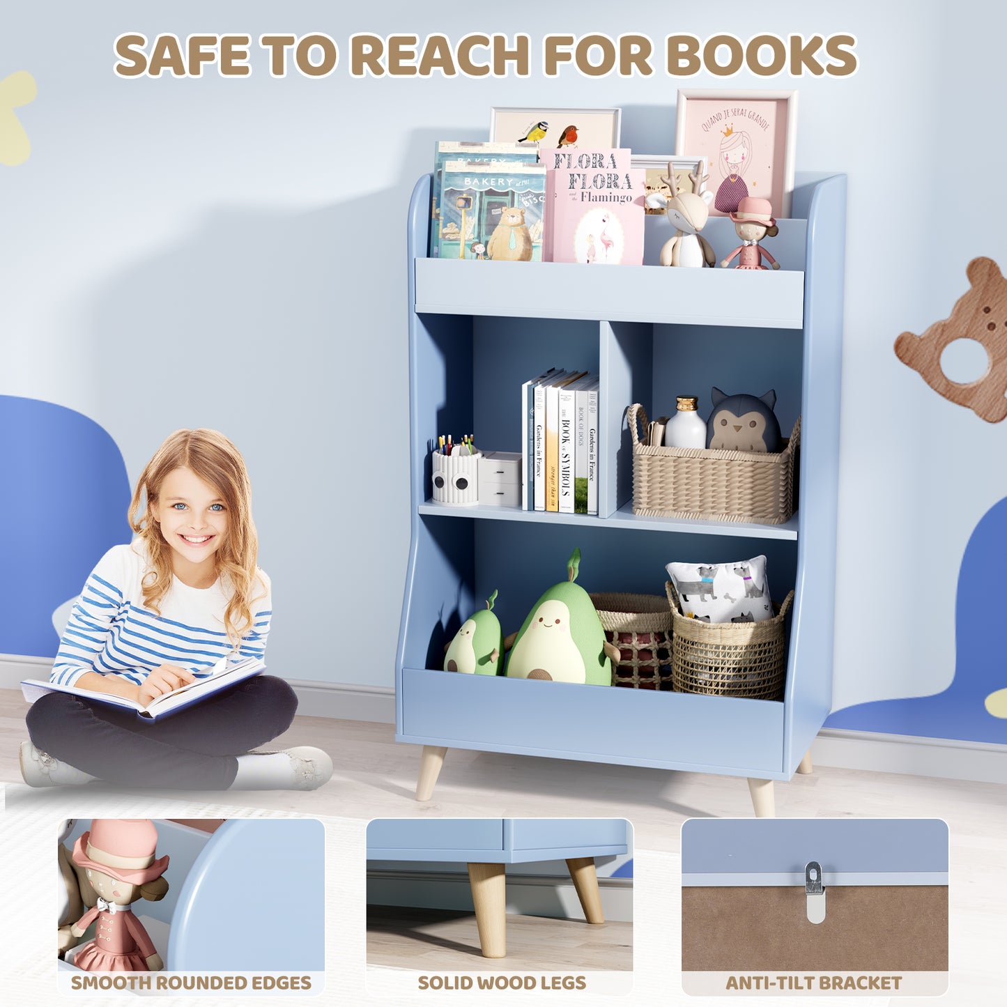 Pirecart Kids Bookshelf Kid's Cubby Toy Storage Cabinet with Legs for Bedroom, Living Room, Playroom, Nursery