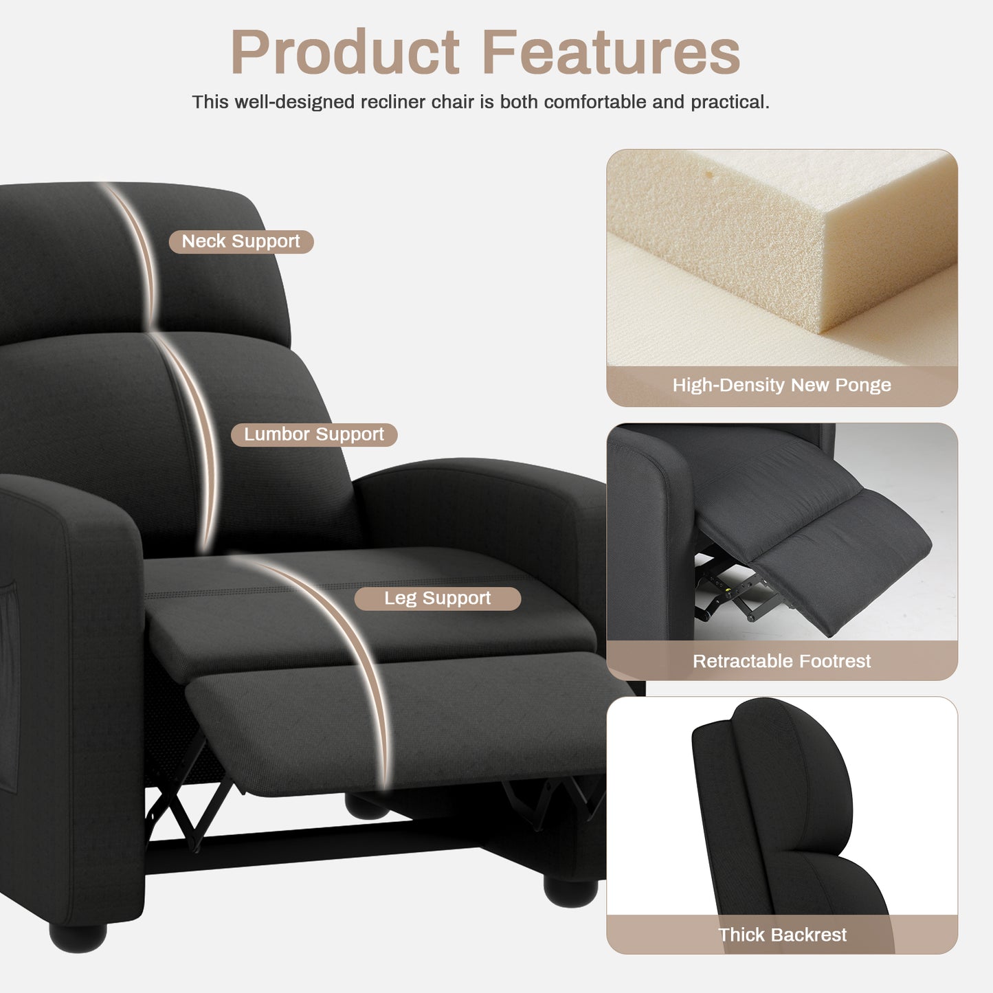 Pirecart Fabric Reclining Chair, Single Sofa Chair with Thicker Seat Cushion and a Side Pocket, Home Theater Seating with Adjustable Backrest and Footrest