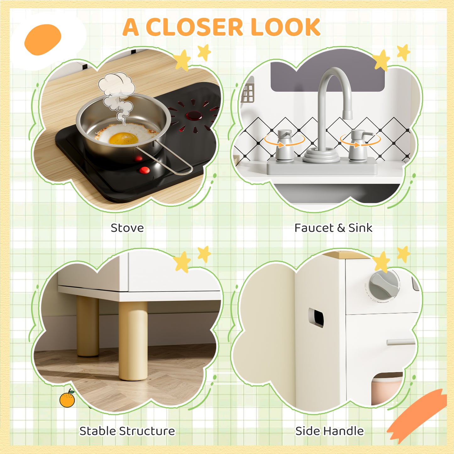 Pirecart Kids Play Kitchen Set, Wooden Kitchen Playset with Real Lights & Sounds, Toddler Pretend Play Kitchen Set with Knob Sounds, Sink, Water Dispenser, 6 Pcs Cookware & Chalkboard Panel