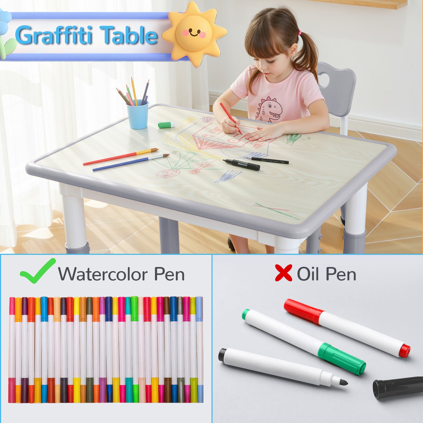 Pirecart Kids Table and 2 Chairs Set, Height Adjustable Children Multi Activity Table and Chair Set, Non-Slip Legs & Graffiti Desktop, for Drawing, Reading, Studying