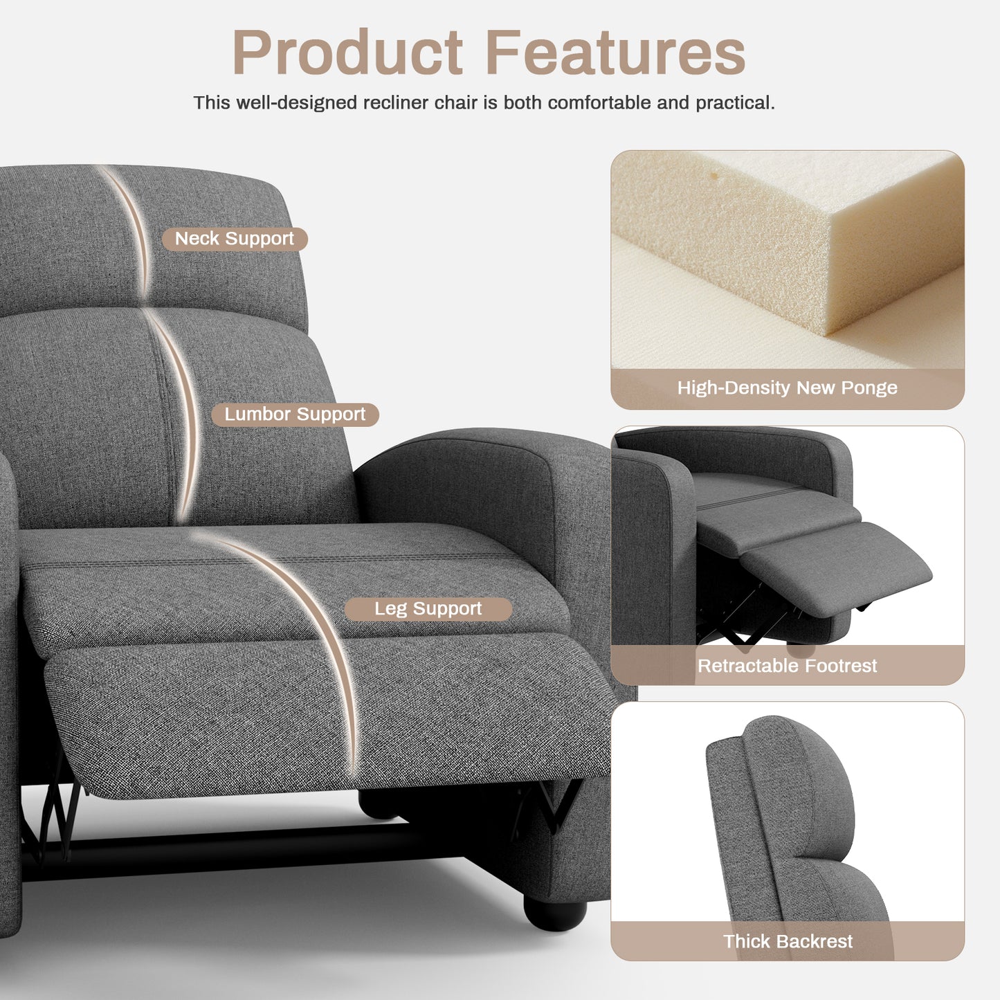 Pirecart Fabric Reclining Chair, Single Sofa Chair with Thicker Seat Cushion and a Side Pocket, Home Theater Seating with Adjustable Backrest and Footrest
