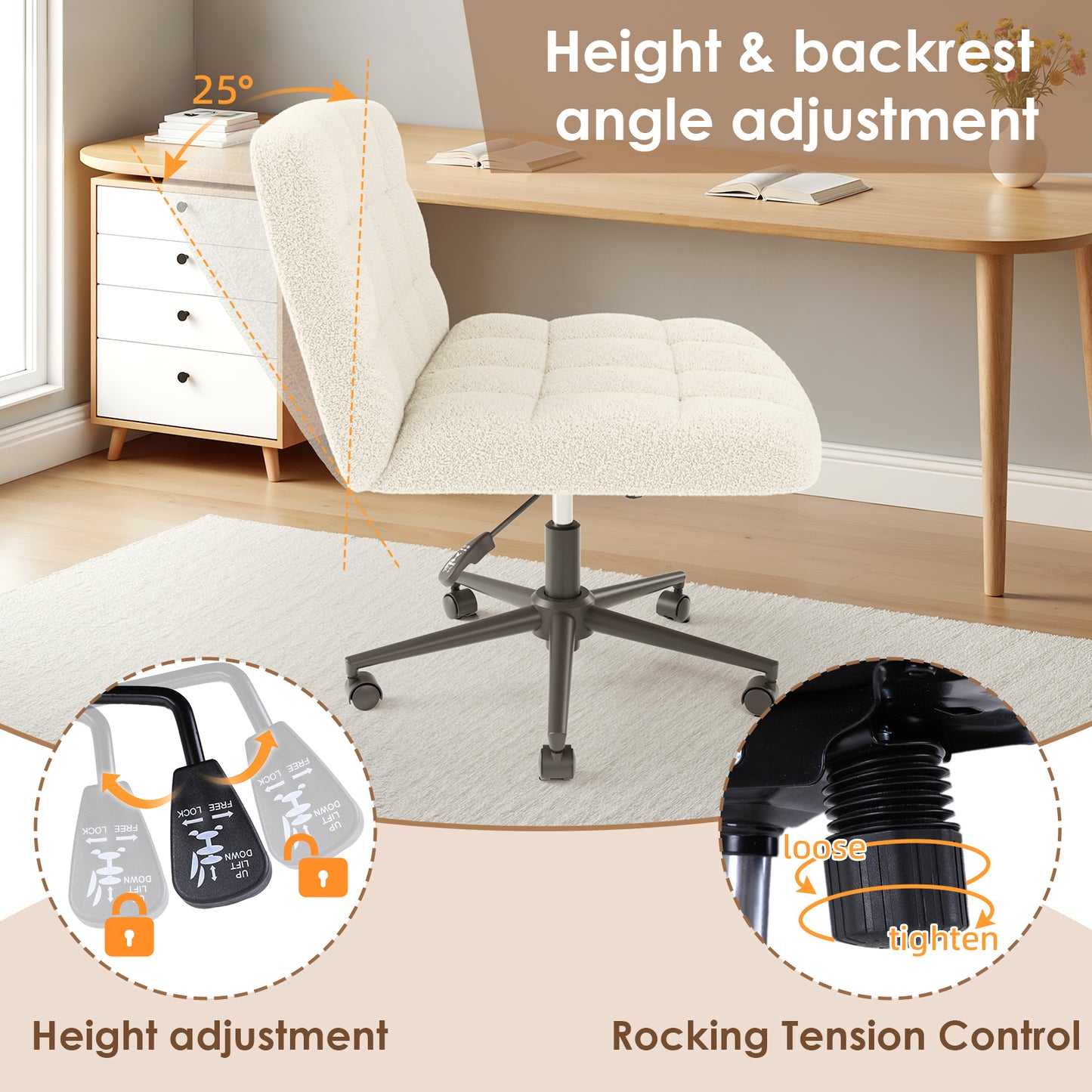 Pirecart Criss Cross Chair with Wheels, Armless Swivel Vanity Chair, Height Adjustable Cross Legged Office Chair with Comfy Wide Cushion for Desk, Vanity, Bedroom, Sherpa Fleece