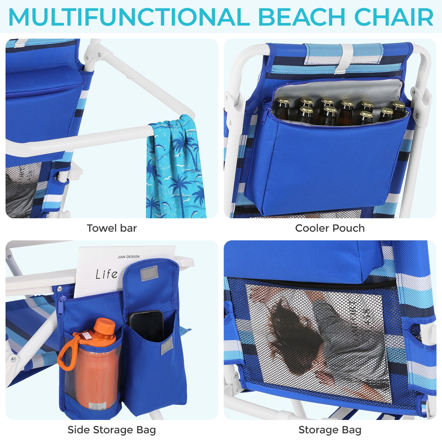 Pirecart Tall Beach Chairs for Adults, Portable Beach Chairs W/ 5-Position Lay Flat & Cooler Pouch, for Beach, Camp, Outdoor