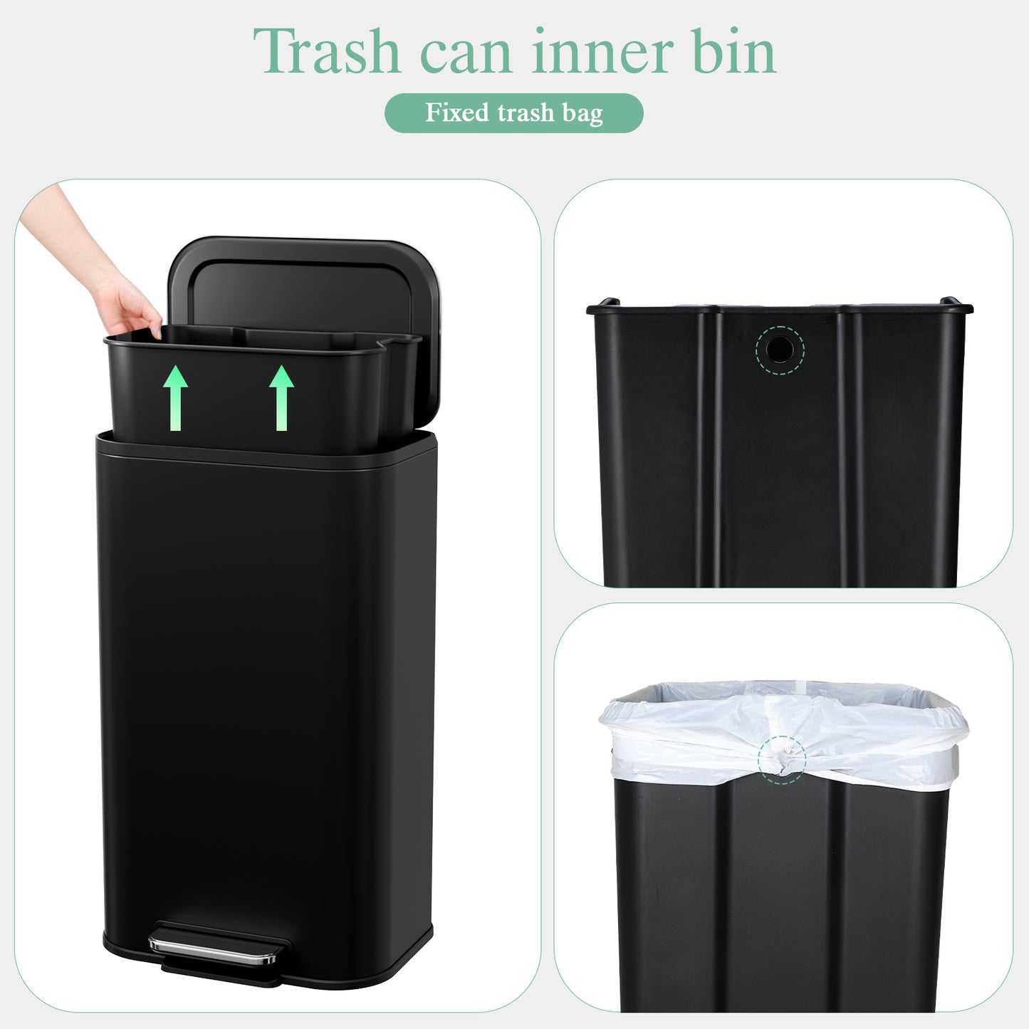 Pirecart 8 Gal Trash Can, Square Garbage Can with Soft-Close Lid & Foot Pedal, Stainless Steel Kitchen Trash Can with Removable Inner Bucket & Handle for kitchen, Living Room