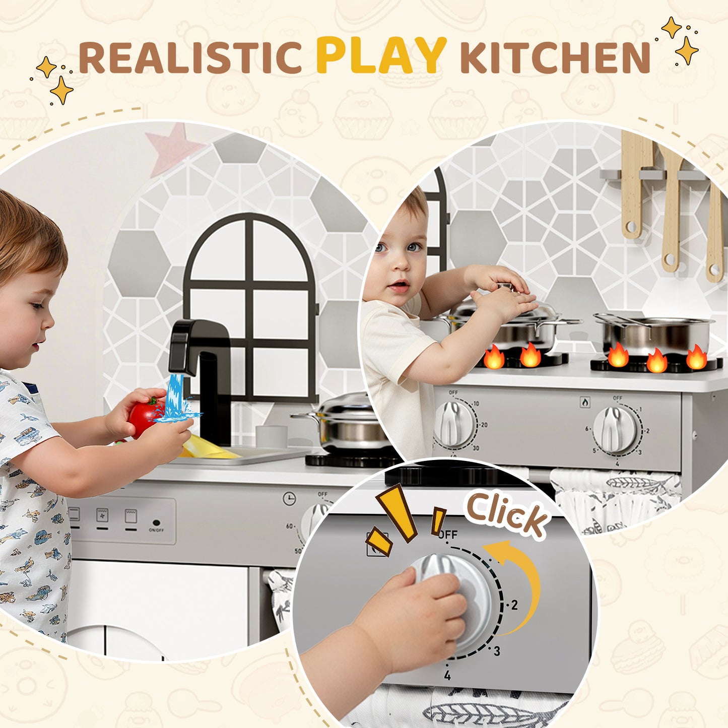 Pirecart Kids Play Kitchen, Toddler Wooden Kitchen Playset with Cooking Accessories and Clicking Knobs, Educational Chef Pretend Play Set for Ages 3+