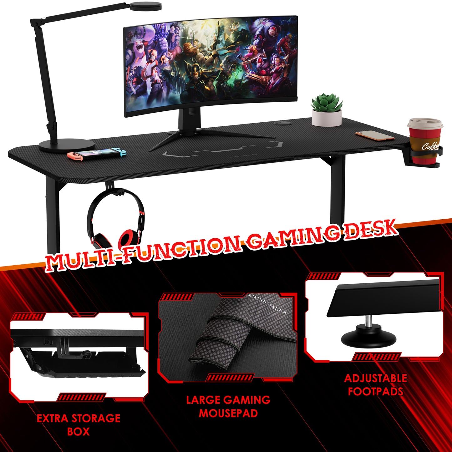 pirecart Gaming Desk 55Inch with Free Mouse Pad, Home Office PC Carbon Fiber Computer Desk