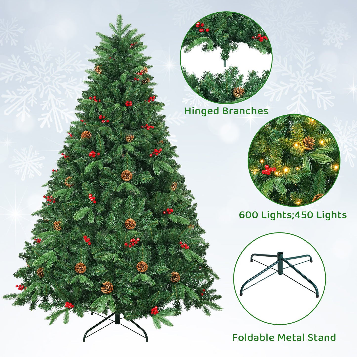 pirecart 8/9FT Pre-Lit Christmas Tree Hinged Artificial Tree with 47 Pinecones, 47 Berries