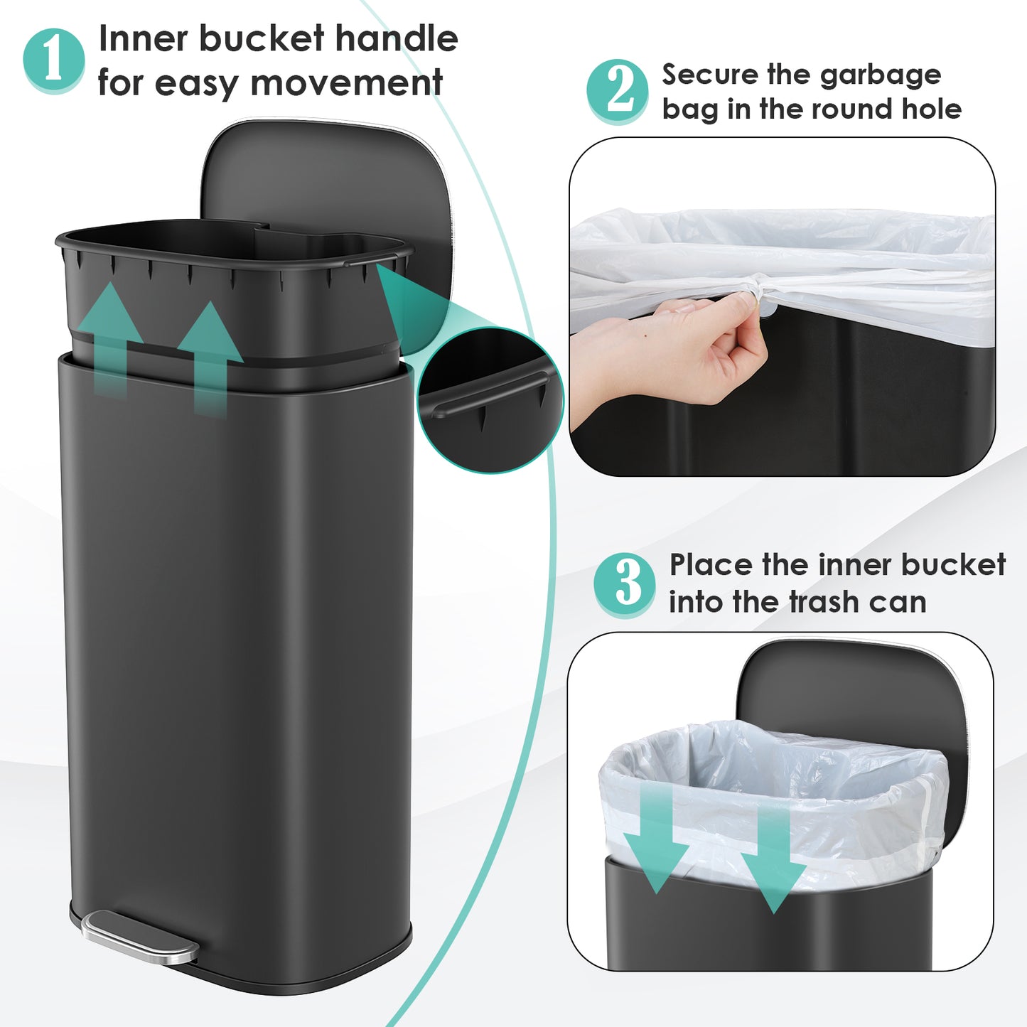 Pirecart Stainless Steel Trash Can, 8 Gal Oval Garbage Can W/ Slow-Closing Lid & Removable Inner Bucket, Foot-operated Soft Lid Trash Can for kitchen, Home, Office