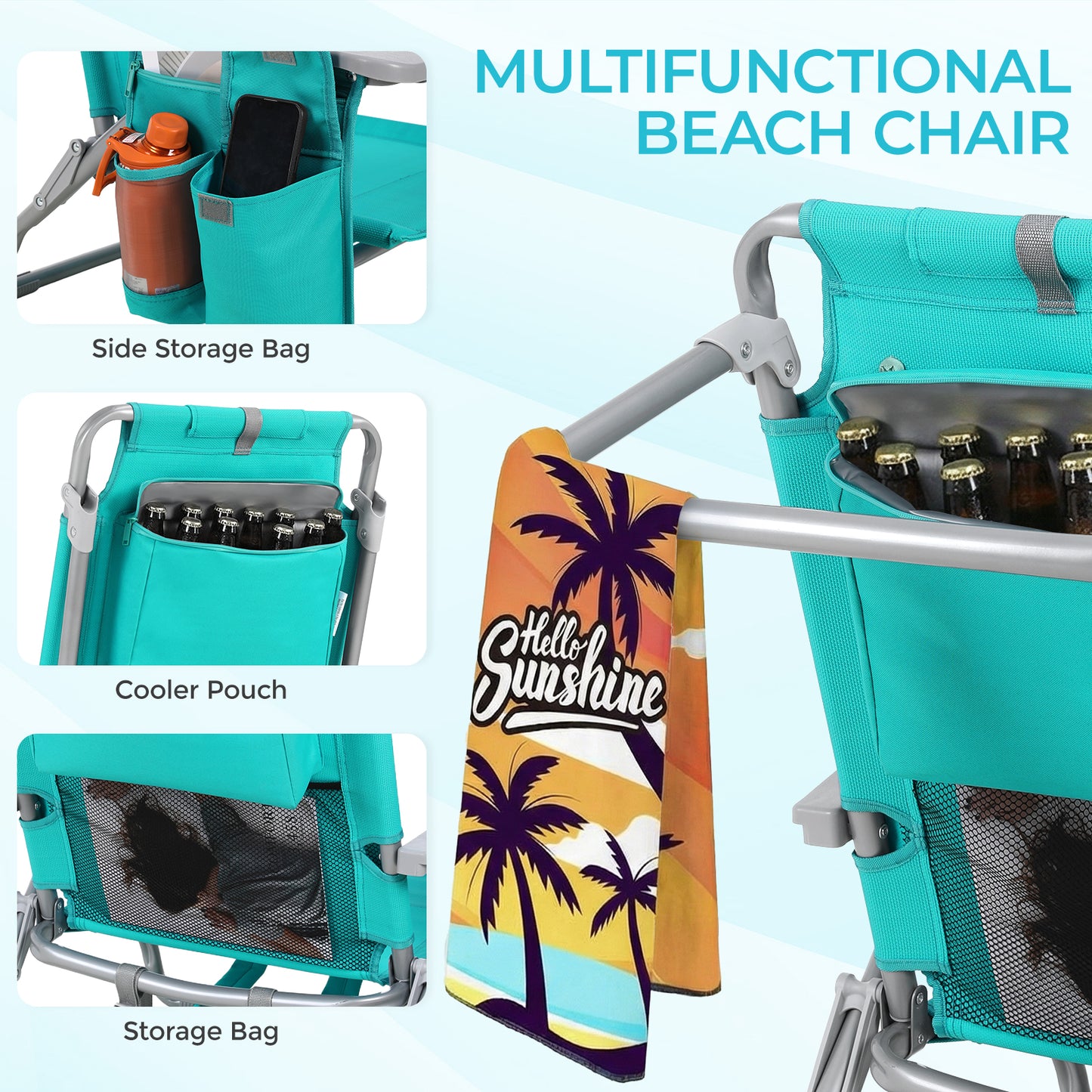 Foldable Beach Chair, 5-Position Lay Flat Reclining Beach Chair W/ Headrest, Storage Bag, Cooler Pouch,Towel Bar, Foot Mat