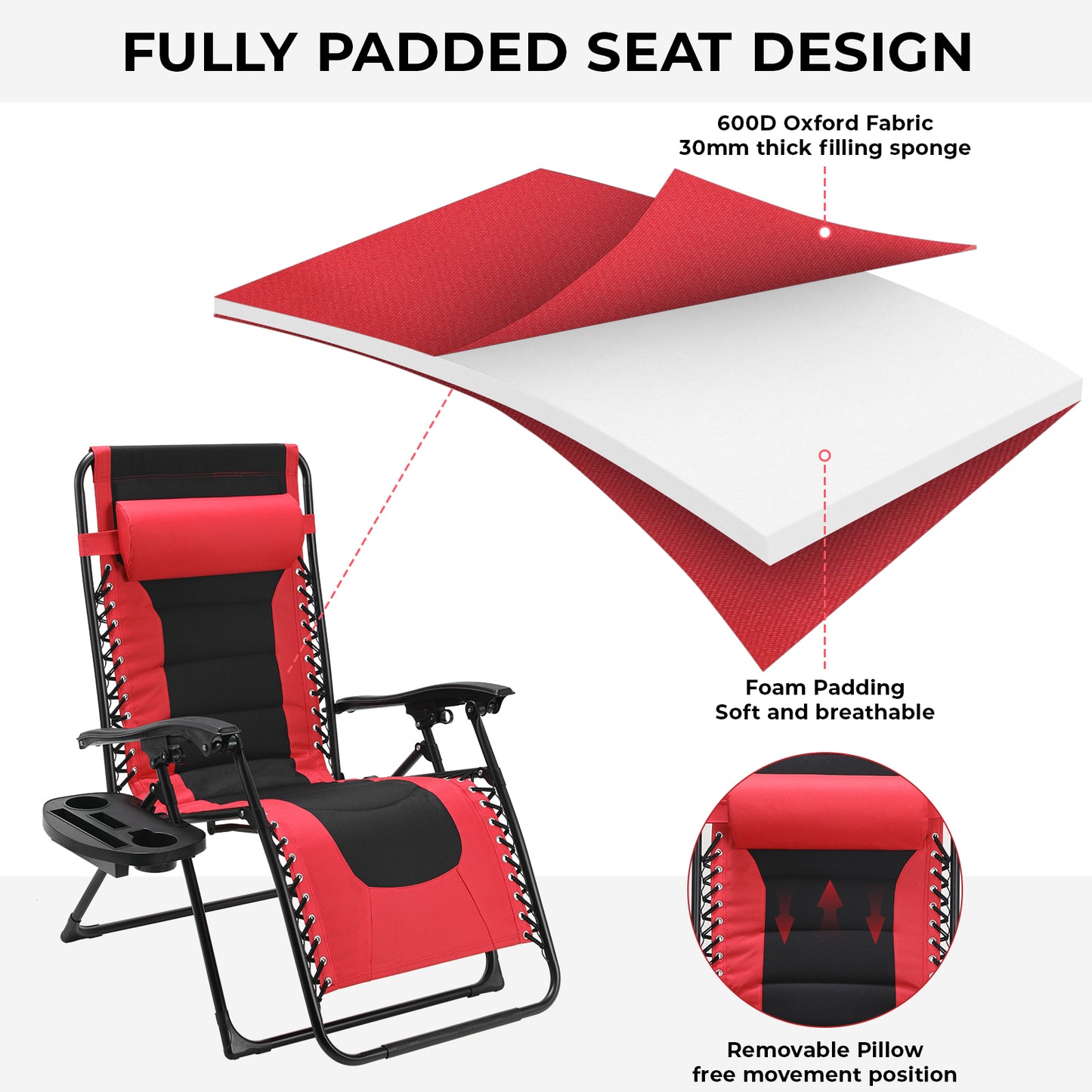 pirecart Oversized Padded Zero Gravity Chair with side Tray, Red