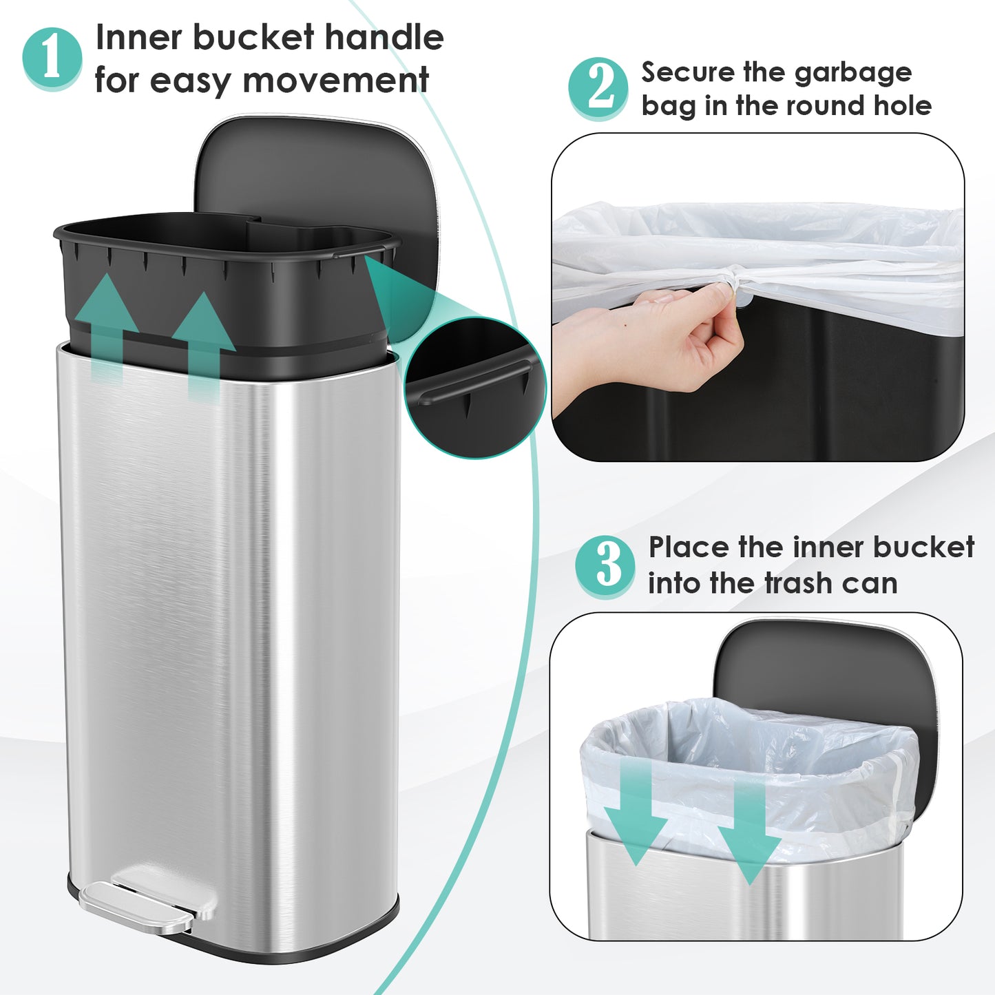 Pirecart Stainless Steel Trash Can, 8 Gal Oval Garbage Can W/ Slow-Closing Lid & Removable Inner Bucket, Foot-operated Soft Lid Trash Can for kitchen, Home, Office