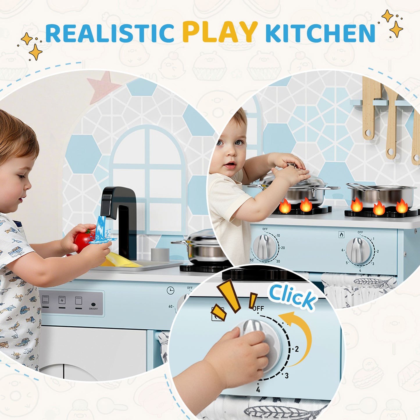 Pirecart Kids Play Kitchen, Toddler Wooden Kitchen Playset with Cooking Accessories and Clicking Knobs, Educational Chef Pretend Play Set for Ages 3+