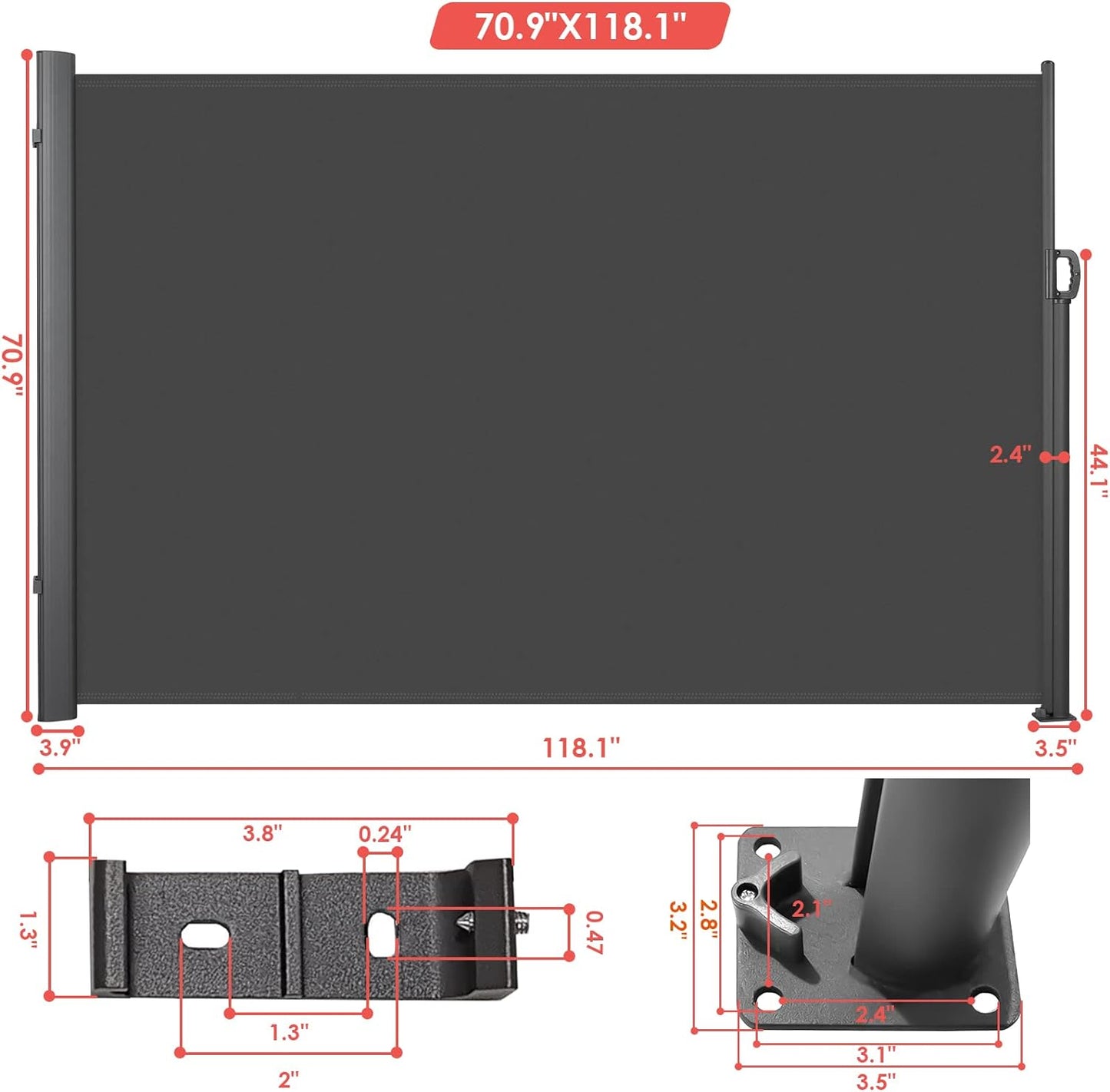 pirecart Retractable Side Screen Awning, UV Resistant, Waterproof, Patio Privacy Screen for Garden, Balcony, Courtyard(Dark Grey)