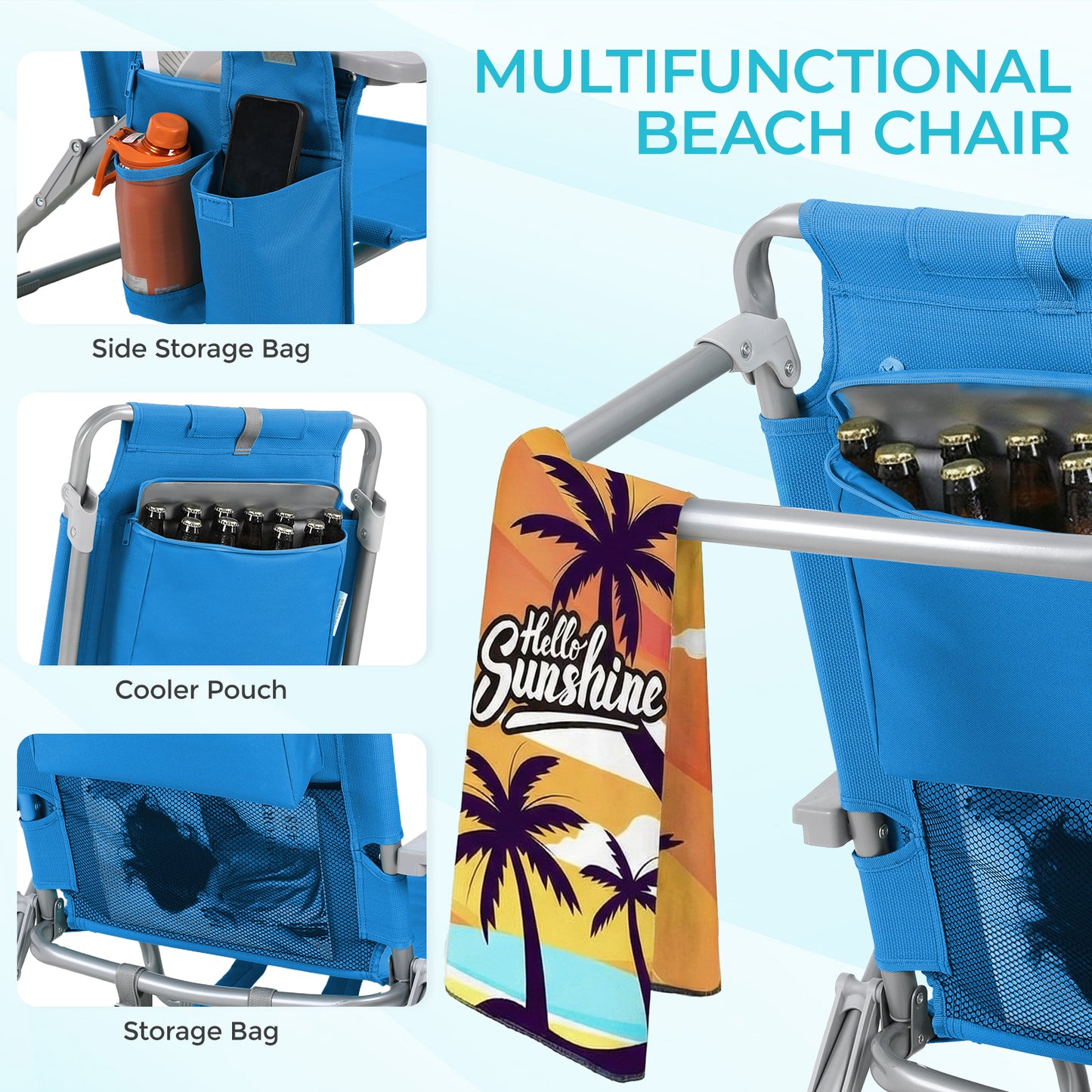 Foldable Beach Chair, 5-Position Lay Flat Reclining Beach Chair W/ Headrest, Storage Bag, Cooler Pouch,Towel Bar, Foot Mat