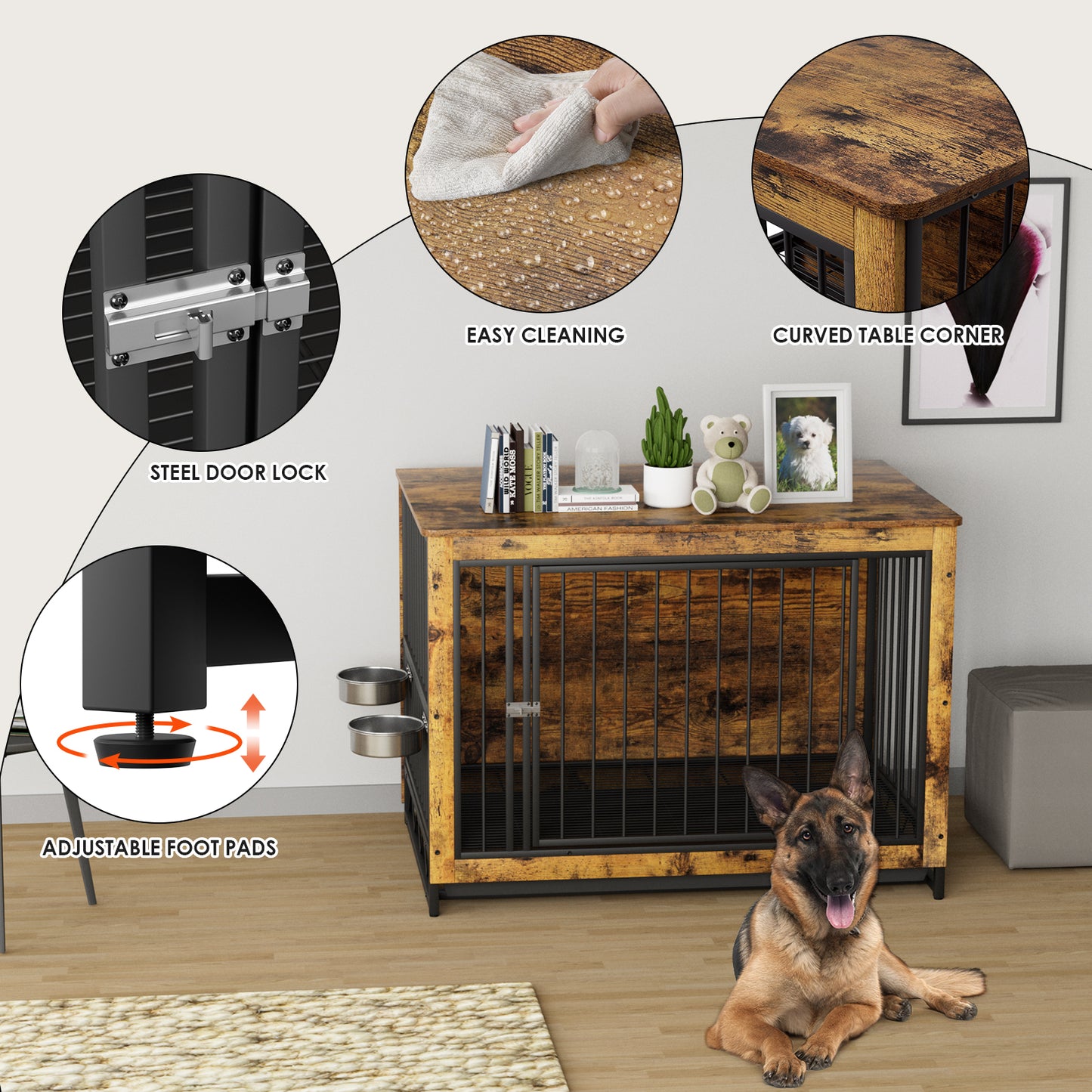 pirecart 39/44 inch Furniture Style Dog Crate with 2 Bowls, Large Wooden End Table Dog House