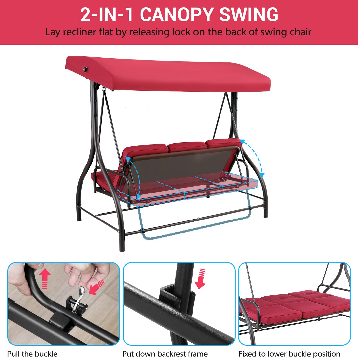 pirecart Outdoor 3-Seat Patio Swing, Porch Swings, Backrest Bench Swing Sets, Glider Swing Bed Chair, w/Adjustable Canopy