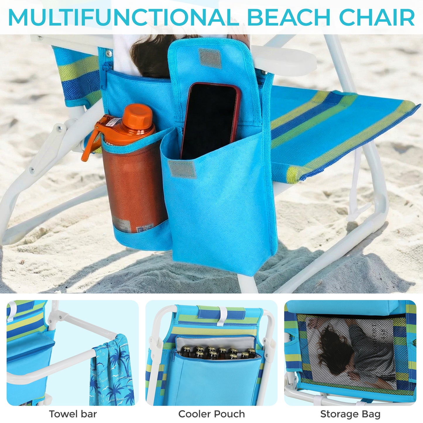 Foldable Beach Chair, 5-Position Lay Flat Reclining Beach Chair W/ Headrest, Storage Bag, Cooler Pouch,Towel Bar, Foot Mat