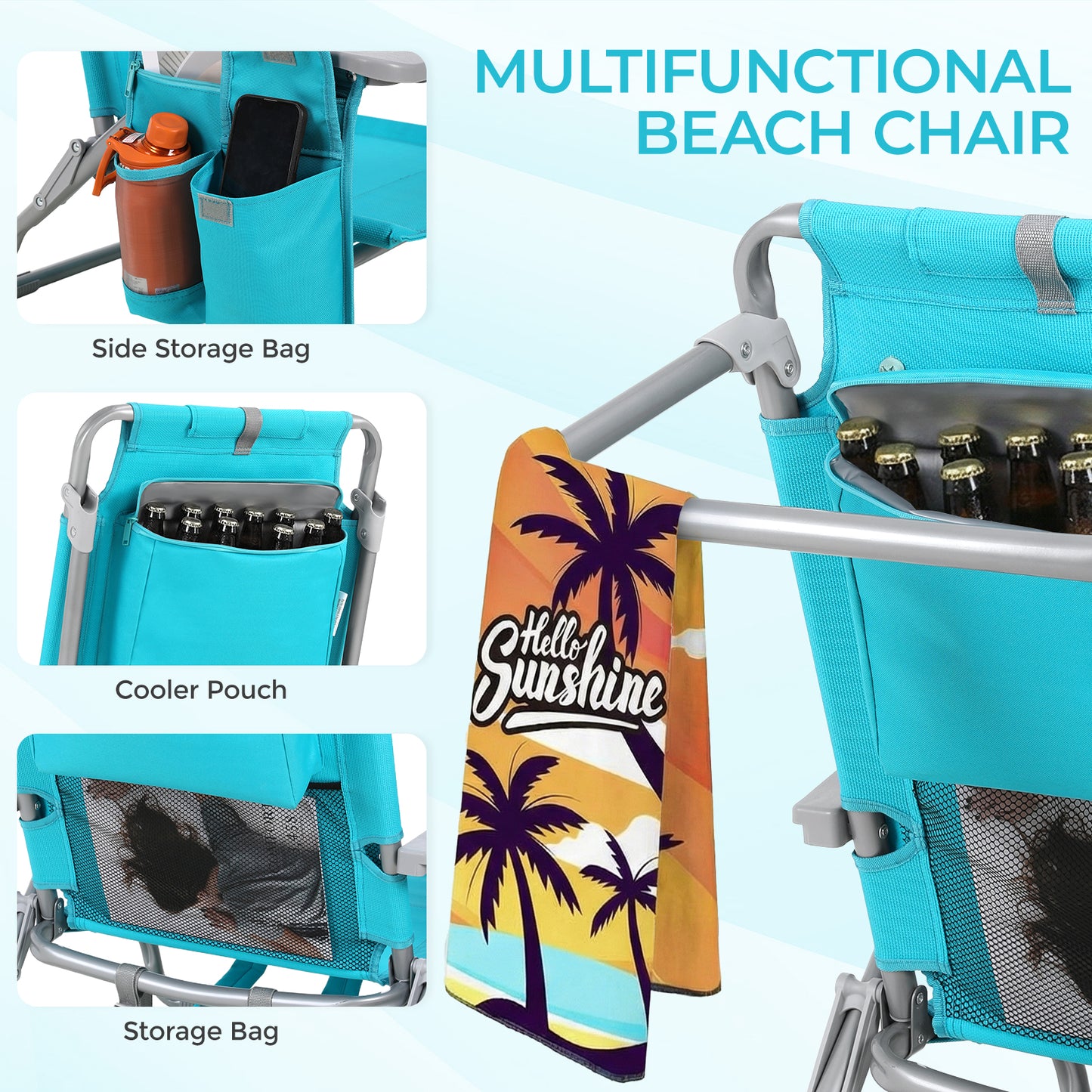 Foldable Beach Chair, 5-Position Lay Flat Reclining Beach Chair W/ Headrest, Storage Bag, Cooler Pouch,Towel Bar, Foot Mat