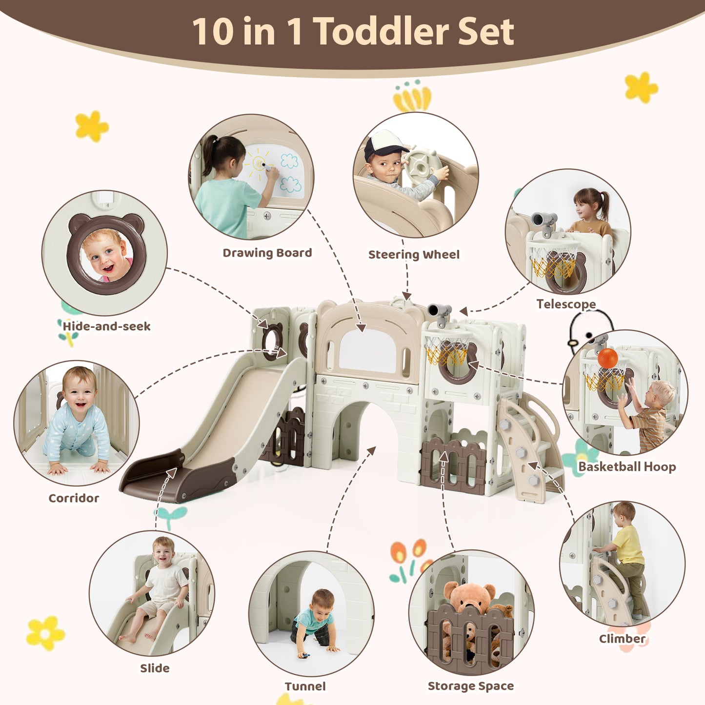 Pirecart 10-in-1 Kids Slide, Indoor Outdoor Toddler Slide Playground with Drawing Board, Basketball Hoop, Tunnel & Storage for Playroom, Kindergarten, Backyard, Gift for Children Age 3+