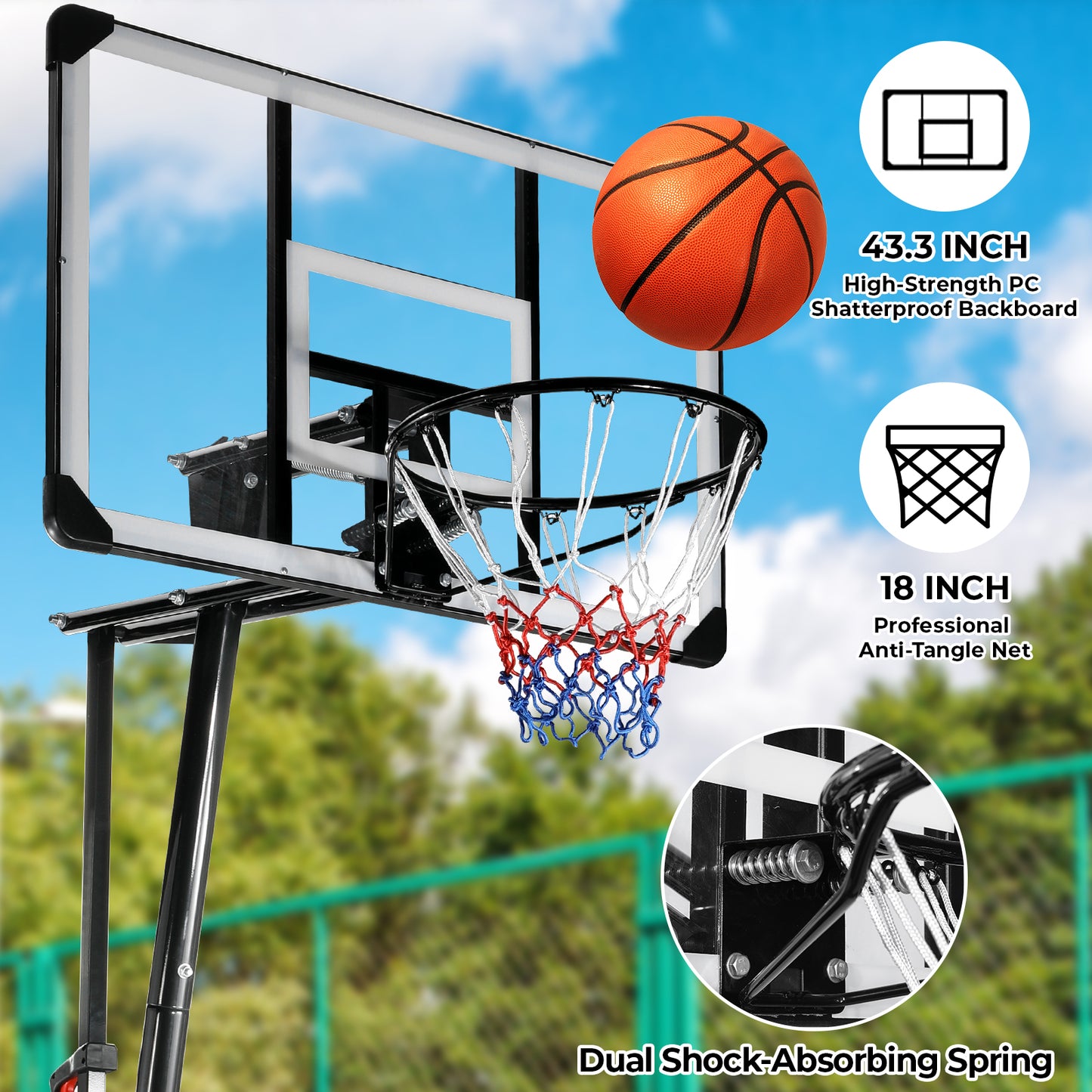 pirecart 44 in Portable Basketball Hoop System 8-10 FT Height Adjustable Basketball Hoop