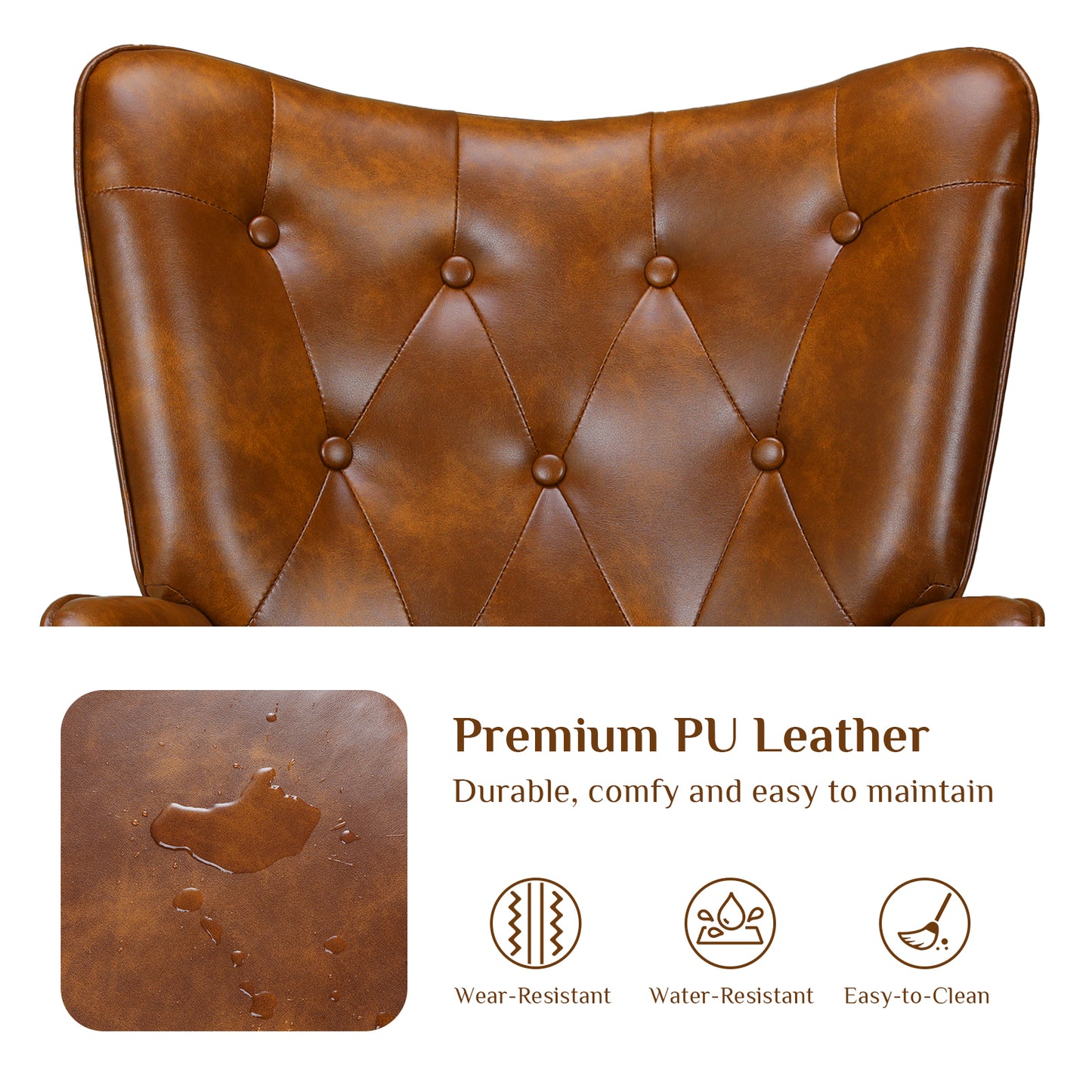 Pirecart Leather Accent Chair, Comfy Upholstered Armchair with Metal Legs, High Backrest Living Room Chair Mid Century Modern for Living Room, Vanity, Bedroom, Brown