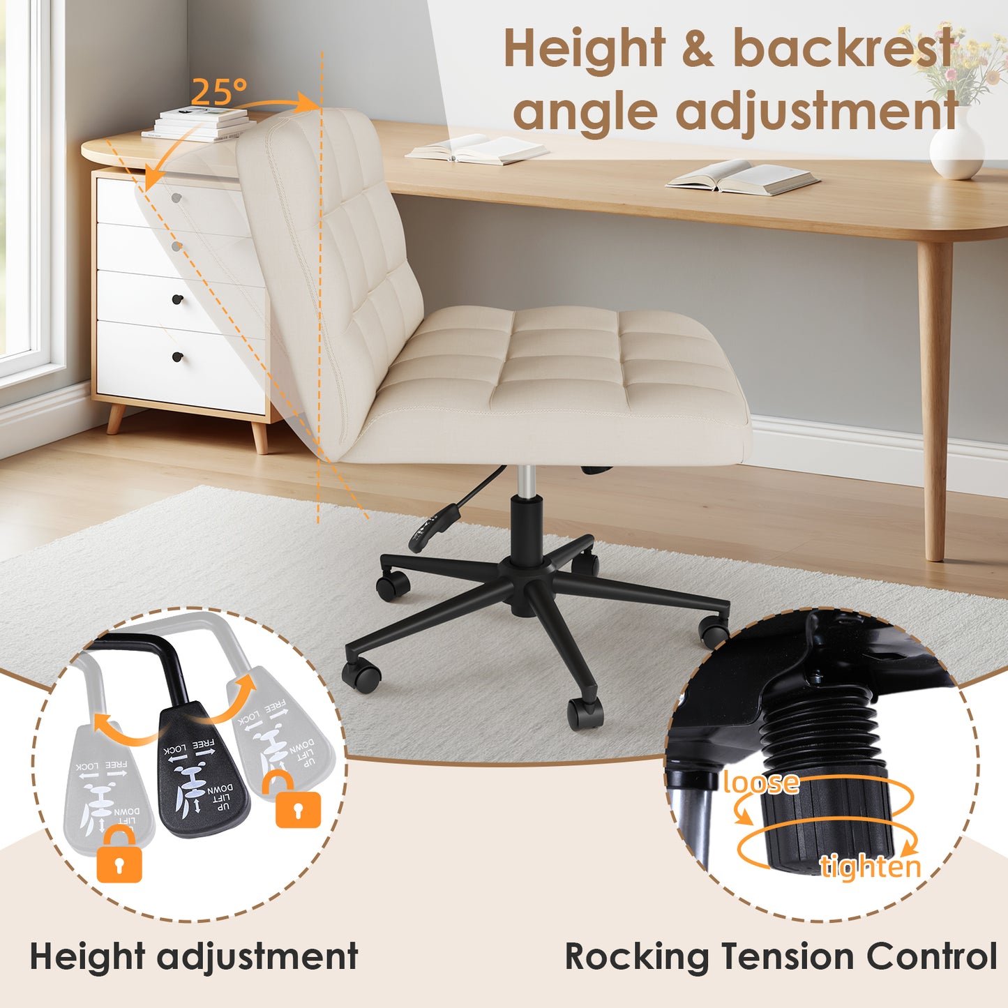 Pirecart Criss Cross Legged Chair, Comfy Swivel Armless Chair with Wheels and Wide Cushion, Height Adjustable Vanity Chair for Bedroom, Office, Desk, Linen