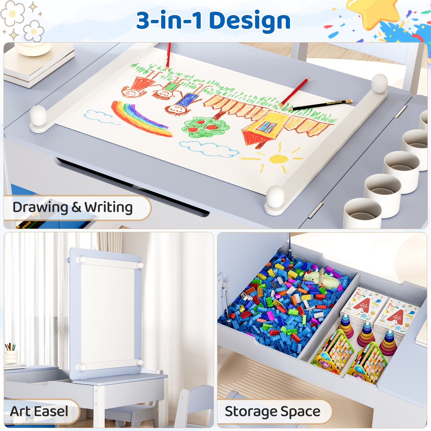 Pirecart 3 in 1 Kids Art Table and Chair Set, Chilldren Art Easel and Wooden Activity Table with 2 Chairs, Storage Bins, Paper Roll, Paint Cups for Draw, Play, Crafts, Read