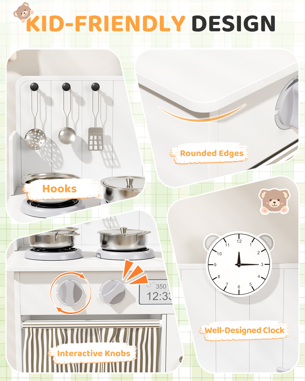 Pirecart Kids Play Kitchen with Ample Storage and Cooking Accessories, Toddler Kitchen Playset with Simulated Gas Tray, Clicking Knobs, Sink, Faucet