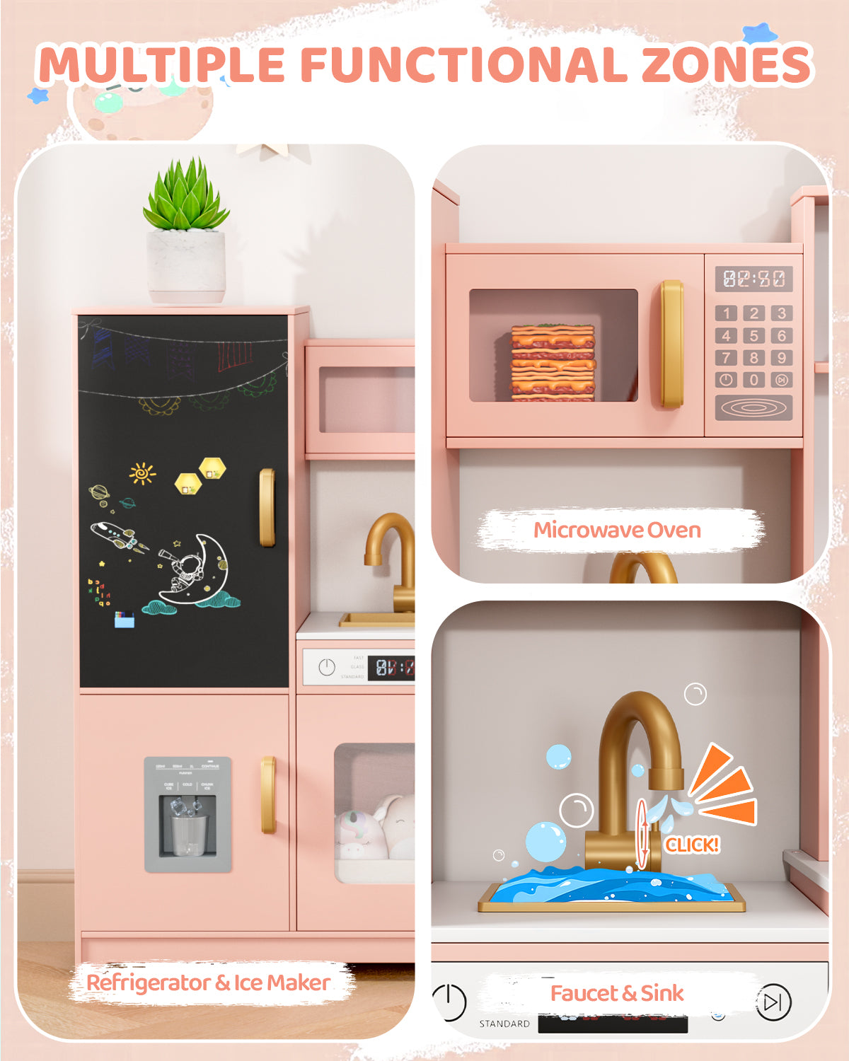 Pirecart Wooden Corner Play Kitchen, Kids Play Kitchen with Blackboard and 6Pcs Cooking Accessories, Toddler Play Kitchen Set with Realistic Sound & Light