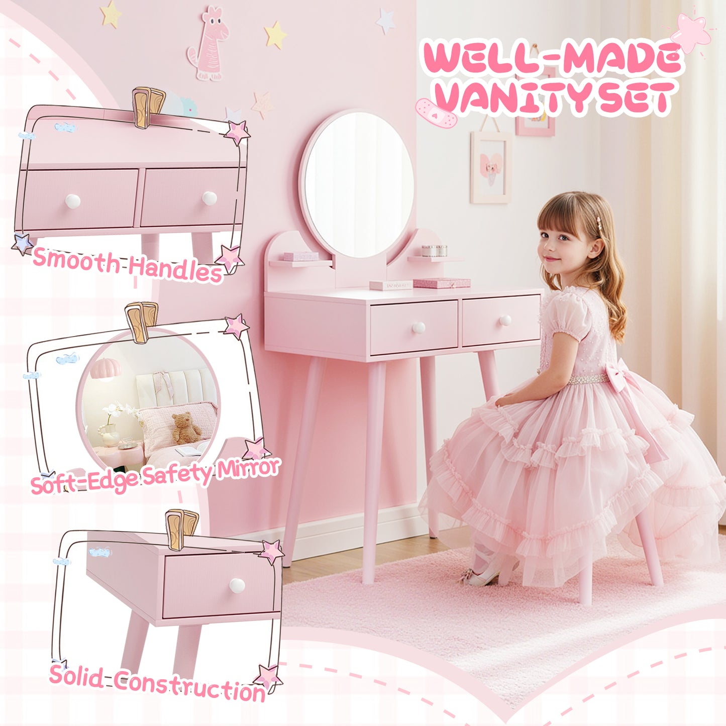 Pirecart Kids Vanity Table and Chair Set, 2 in 1 Wooden Makeup Table and Stool with Storage Drawer & Shelves & Detachable Top, Girls Vanit for Age 3+