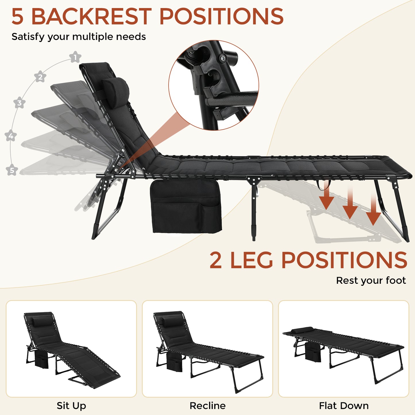 Pirecart 5-Position Adjustable Lounge Chair, Padded Folding Tanning Bed Chaise Lounge Chair, with Pillow, Side Pocket, Carrying Handle